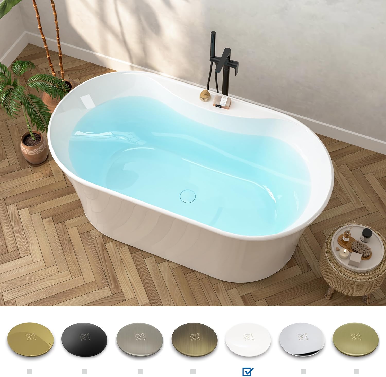 FerdY Santorini 58' Acrylic Freestanding Tub, Gracefully Shaped Contemporary Soaking Tub, Glossy White, cUPC Certified, White Toe-tap Drain and