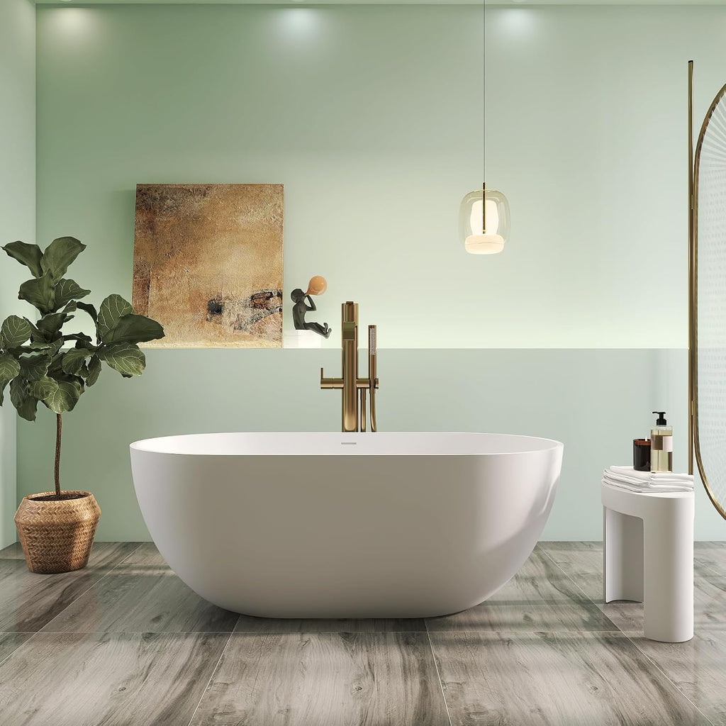 Premium 59' Solid Surface Freestanding Bathtub, Upgraded Oval Stone Resin Tub with Overflow and Pop-up Drain, Matte White