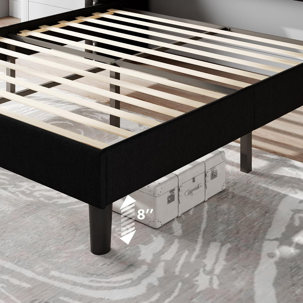 Feonase Queen Bed Frame with Luxury Wingback Upholstered Button Tufted Storage Headboard, Queen Platform Bed with Charging Station, Sturdy Wooden Slats Support, Noise-Free, Easy Assembly, Black