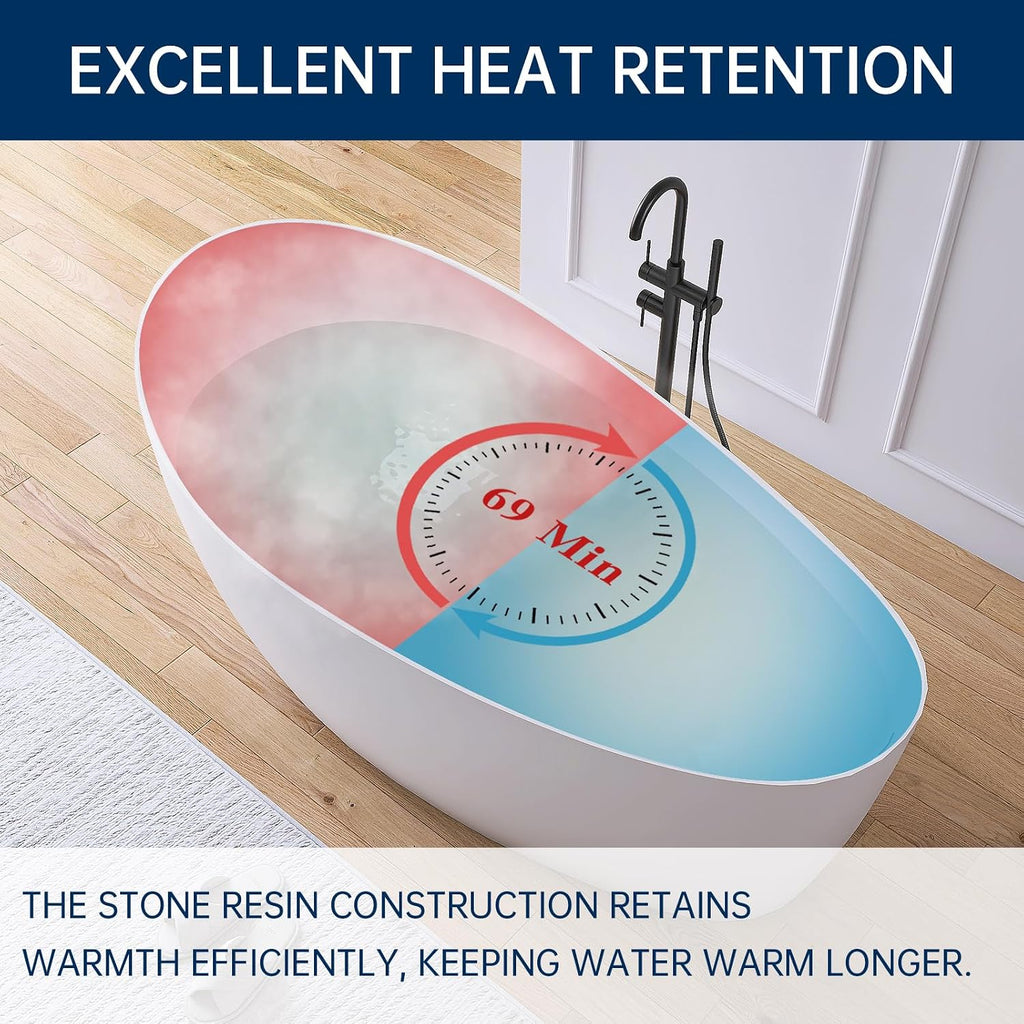 65' Free Standing Tub Bathtub Resin Stone, Solid Surface Freestanding Bathtub, Contemporary Soaking Tub Bathtubs with Overflow and Pop up Drain, Matte White