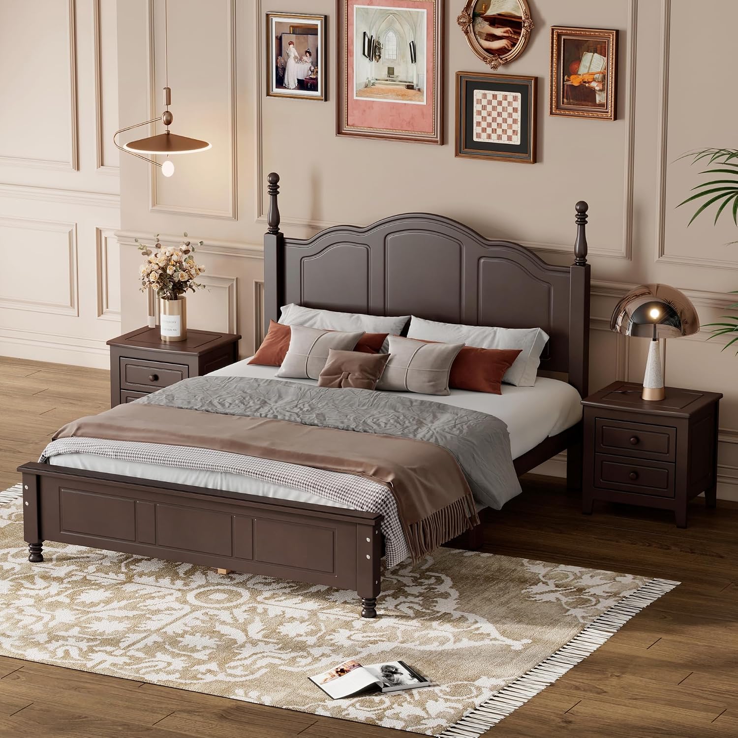 3-Pieces Bedroom Sets, Retro Style Full Size Platform Bed with Wooden Slat Support and Headboard, Wooden Bedroom Furniture Set with 2 Nightstands for Kids Teens Adults Bedroom (Walnut + Wood 078)