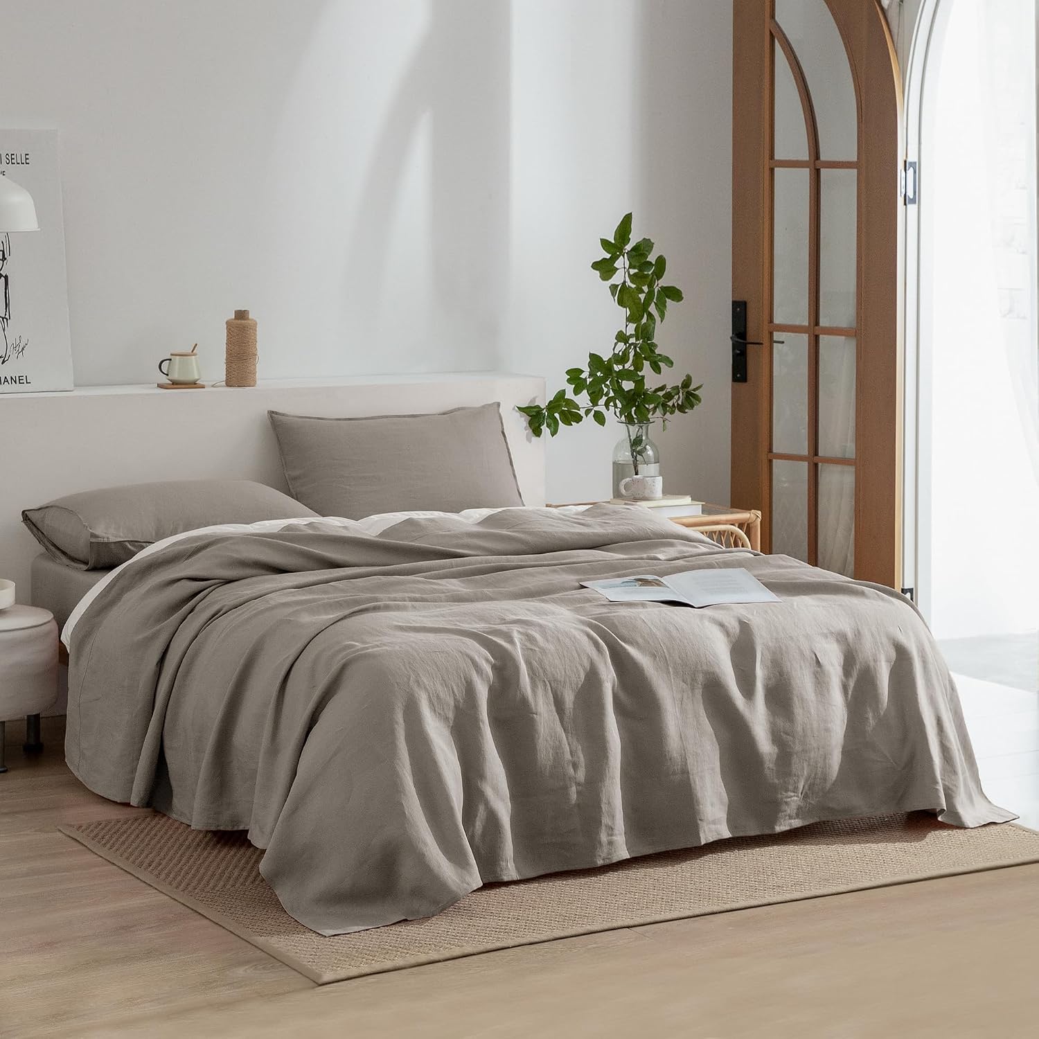 EVERLY Linen King Size Sheets Set,100% French Washed Pure Linen Bed Deep Pocket Sheets,4Pieces(1Flat Sheet,1Fitted Sheet,2Pillowcase) Suitable for Hot Sleepers,180GSM Natural Linen Bedding Set