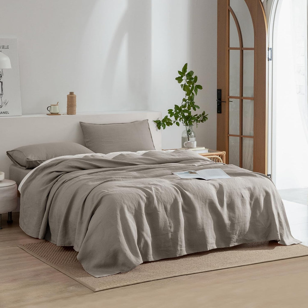 EVERLY Linen Queen Size Sheets Set,100% French Washed Pure Linen Bed Deep Pocket Sheets,4Pieces(1Flat Sheet,1Fitted Sheet,2Pillowcases) Suitable for Hot Sleepers,180GSM Natural Linen Bedding Set