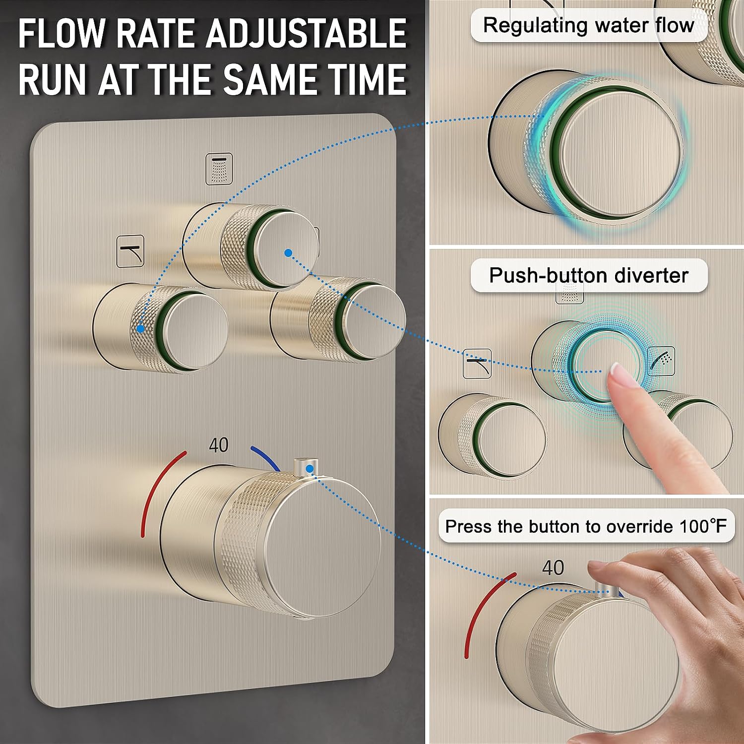 Iriber Thermostatic Shower System with Adjustable Water Flow Push Button Diverter, Square Dual Shower Heads Faucet Set with Handheld Spray, Brushed Nickel Shower Mixer Valve Trim Kit (Valve Included)