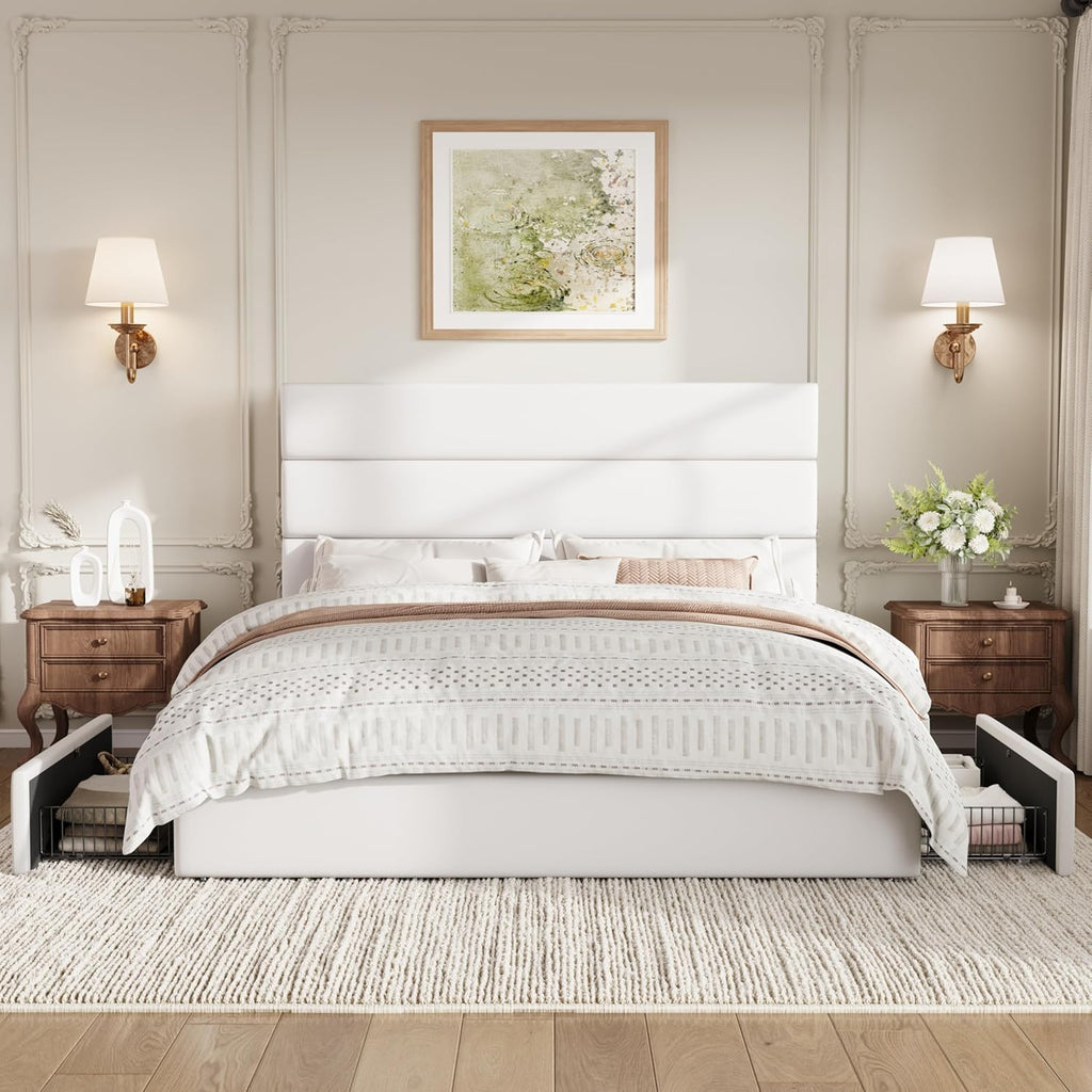 SHA CERLIN Full Size Platform Bed Frame with 4 Storage Drawers, Velvet Upholstered Headboard, Mattress Foundation with Wooden Slats Support, No Box Spring Needed, Easy Assembly, White
