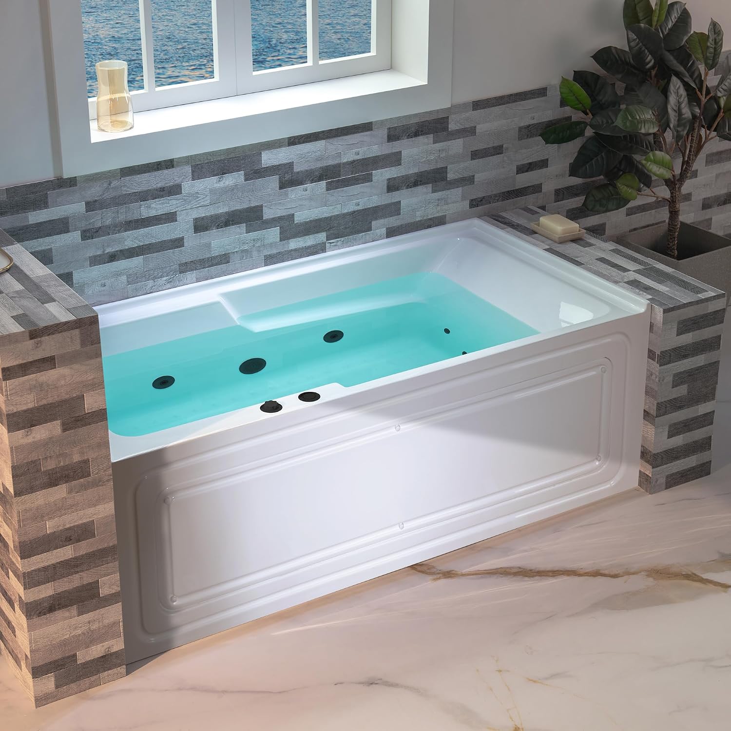 WOODBRIDGE 60' Alcove Acrylic Rectangular Whirlpool Heated Jetted Tub in White with Left Drain, Matte Black pop-up Drain Included BM6030L