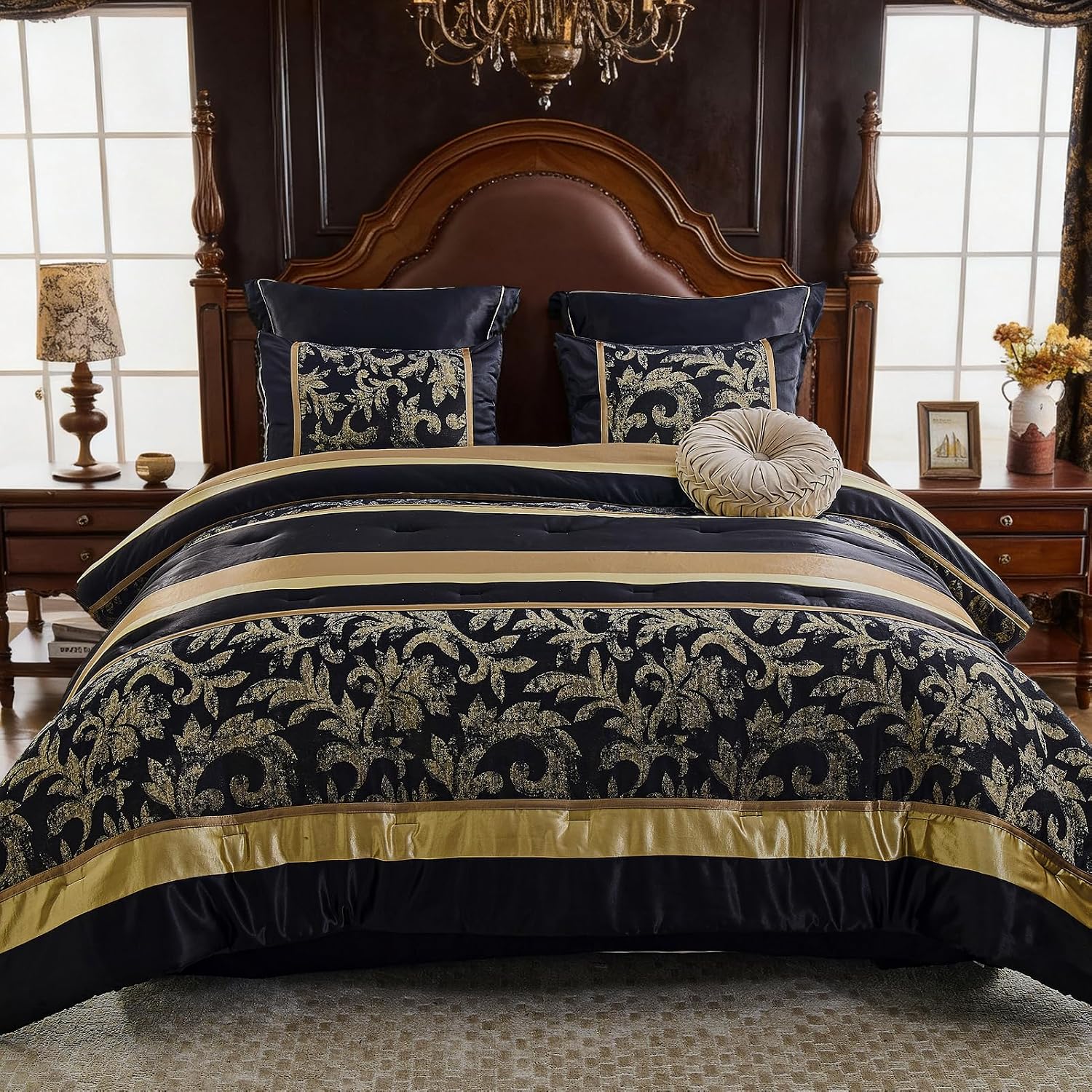 Finlonte 7-Pieces Black Gold Comforter Set King Size, Luxury Jacquard Floral Bed in a Bag, Vintage Geometric Patchwork All Season Down Alternative Bedding Set with Matching Pillows, Shams, Bed Skirt