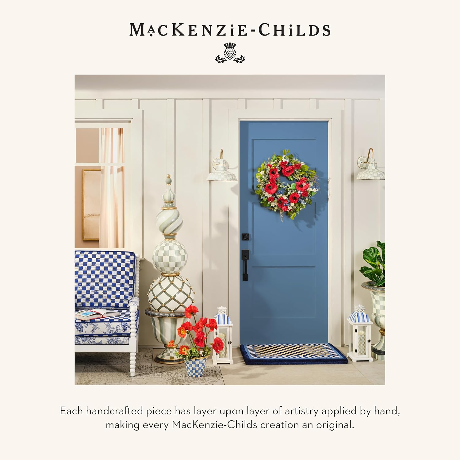 MACKENZIE-CHILDS Entrance Mat, Decorative Outdoor Front-Door Mat, Coir Doormat, Blue-and-White Royal Check