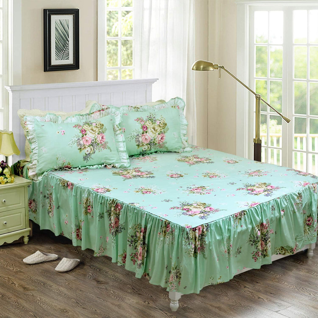 FADFAY Shabby Green Floral Bedding 100% Cotton Princess Lace Ruffle Girls Duvet Cover Set with Bedskirt, 4Pcs, Queen Size