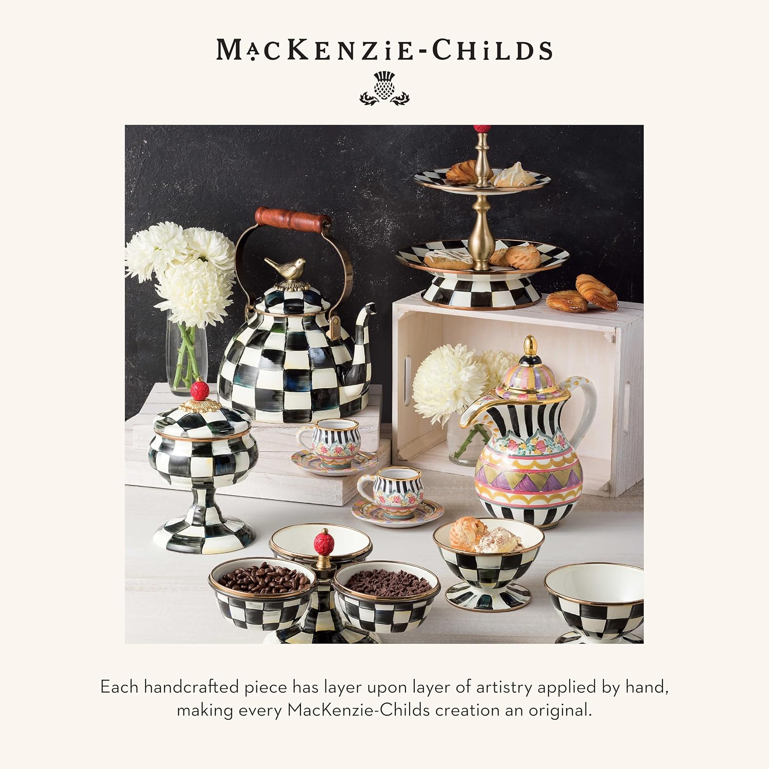 MACKENZIE-CHILDS Wood Paper Towel Holder, Decorative Paper Towel Holder for Kitchen, Black-and-White Courtly Check