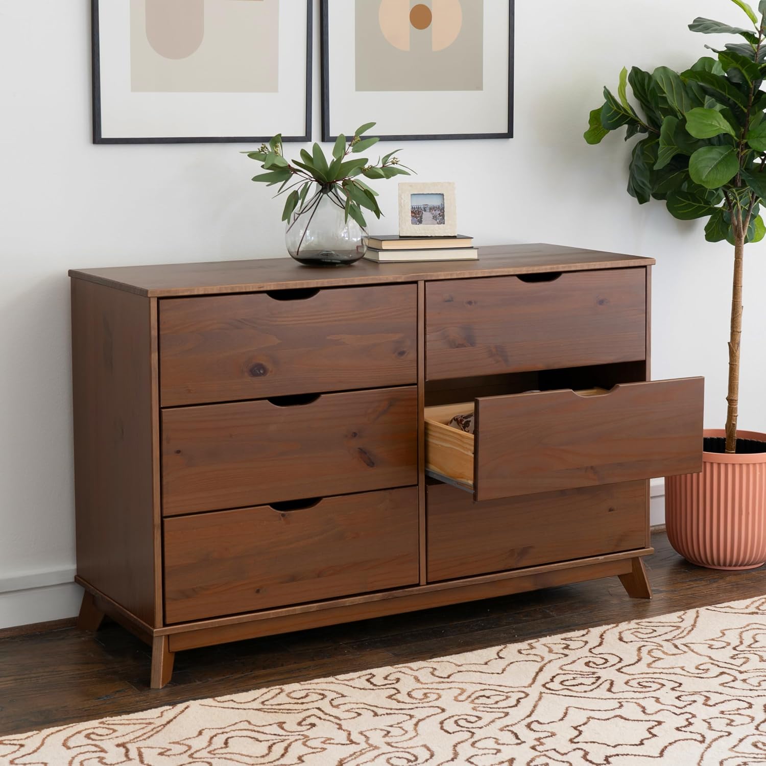 Powell Fordham Walnut Solid Pine Wood Twin Sized Platform Bed with Six Drawer Dresser and Set of 2 Two Drawer Nightstands