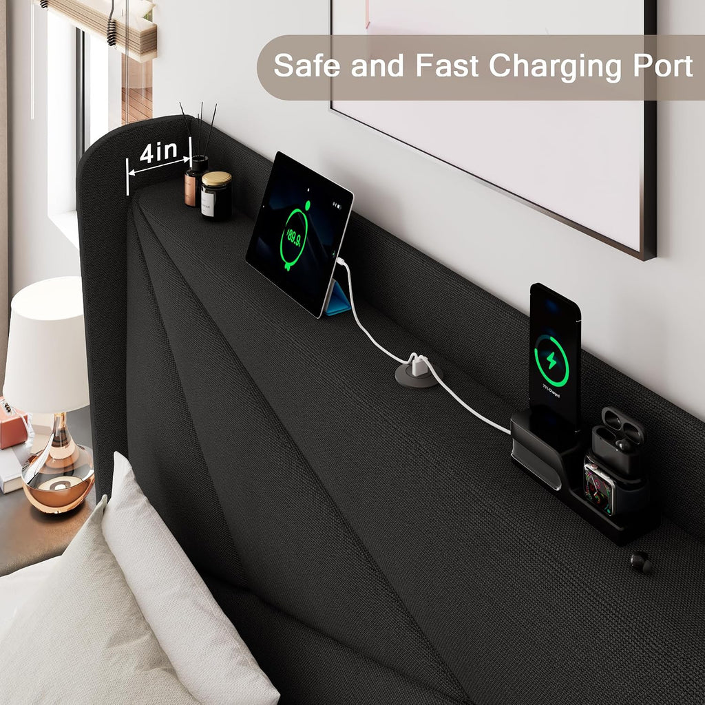 Einhomn Queen Size Upholstered Bed Frame with Charging Station, Platform Bed Frame with Storage Headboard, Solid Wood Slats Support, No Box Spring Needed, Black
