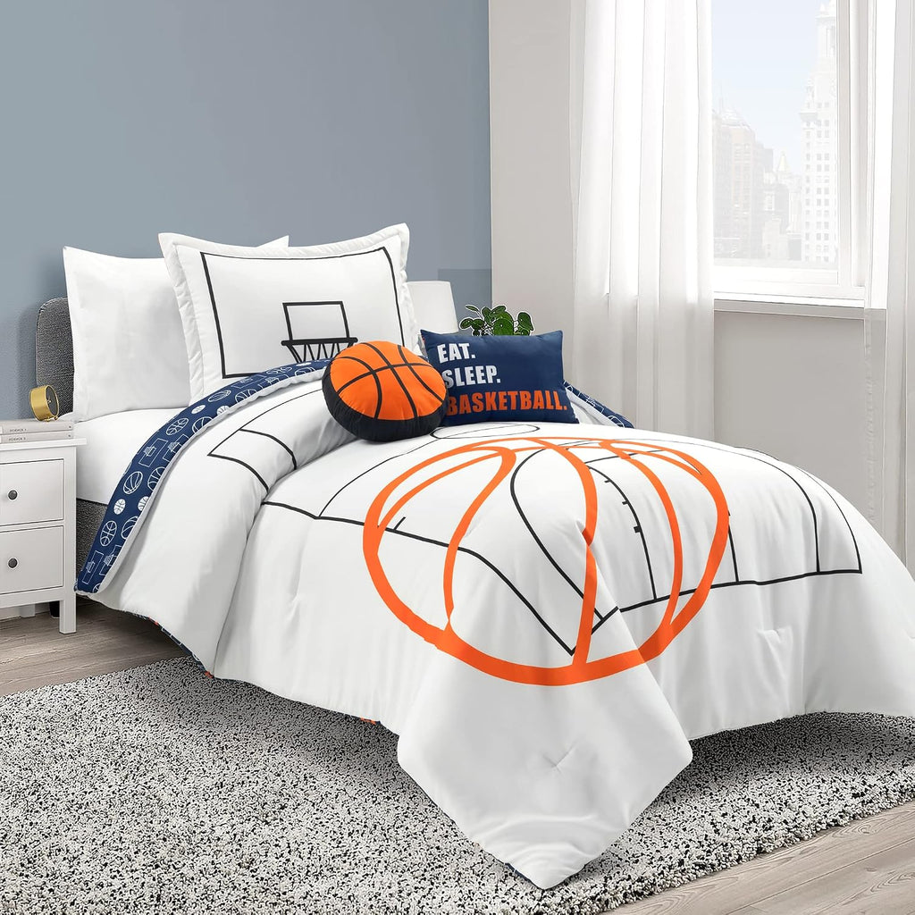 Lush Decor Basketball Game Reversible Comforter Twin Size 4 Piece Set, White & Navy - Kids Comforter Set - Basketball Comforters - Sports Decor