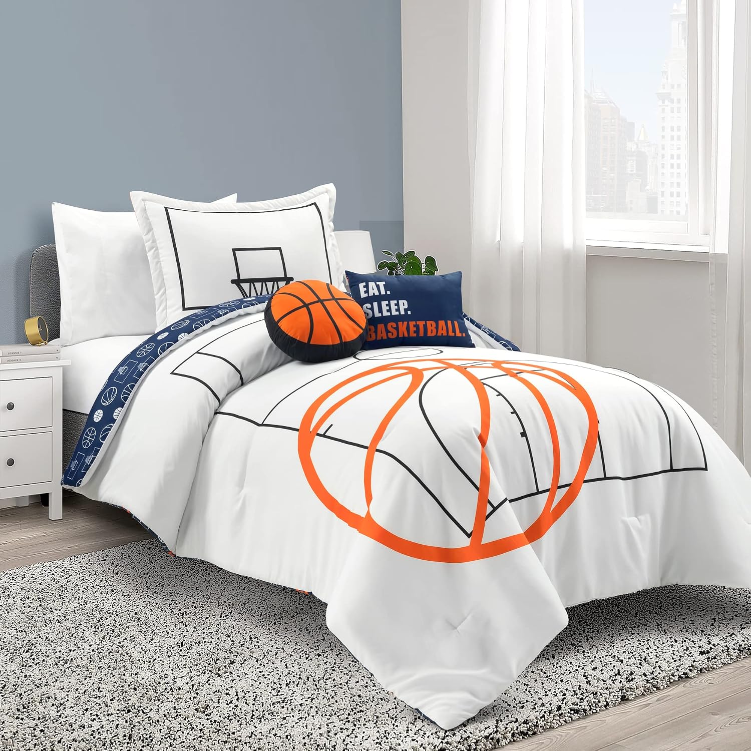 Lush Decor Basketball Game Reversible Comforter Twin Size 4 Piece Set, White & Navy - Kids Comforter Set - Basketball Comforters - Sports Decor