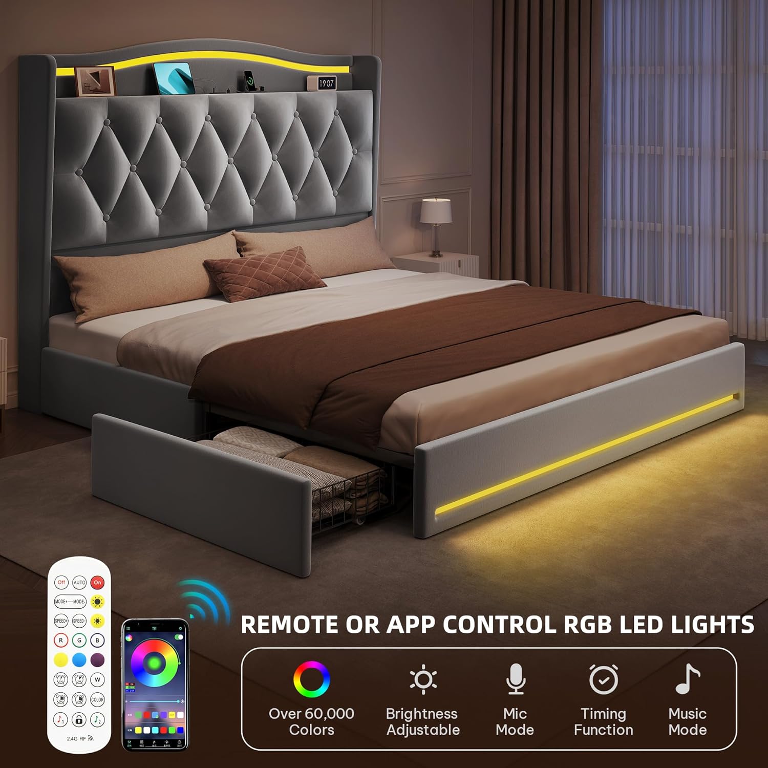YITAHOME Queen Size Bed Frame with 4 Storage Drawers and RGB LED Lights, 57'' Tall Headboard Velvet Upholstered Bed with Charging Station, No Box Spring Needed, Easy Assembly, Noise-Free, Grey