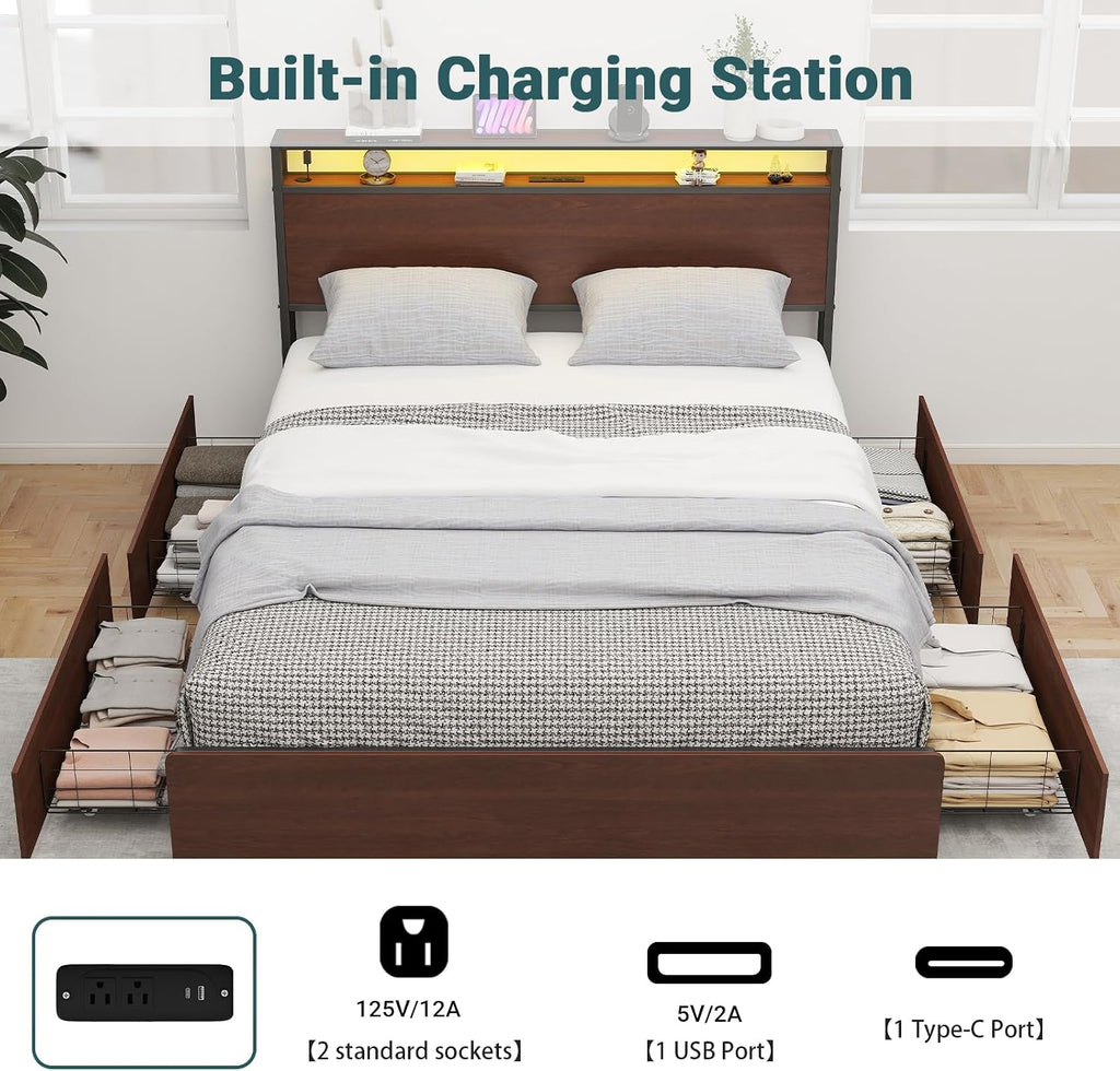Zevemomo Full Size Bed Frame with 4 Storage Drawers, Full Platform Bed Frames with 2 Tier Storage Headboard, Charging Station, Adjustable LED Light, Noise-Free, No Box Spring Required, Reddish Brown