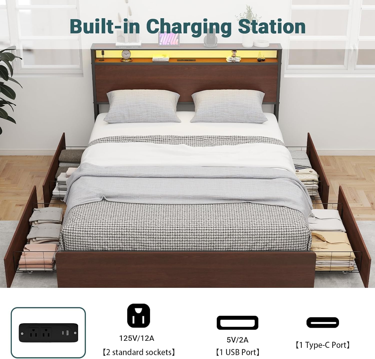Zevemomo Full Size Bed Frame with 4 Storage Drawers, Full Platform Bed Frames with 2 Tier Storage Headboard, Charging Station, Adjustable LED Light, Noise-Free, No Box Spring Required, Reddish Brown