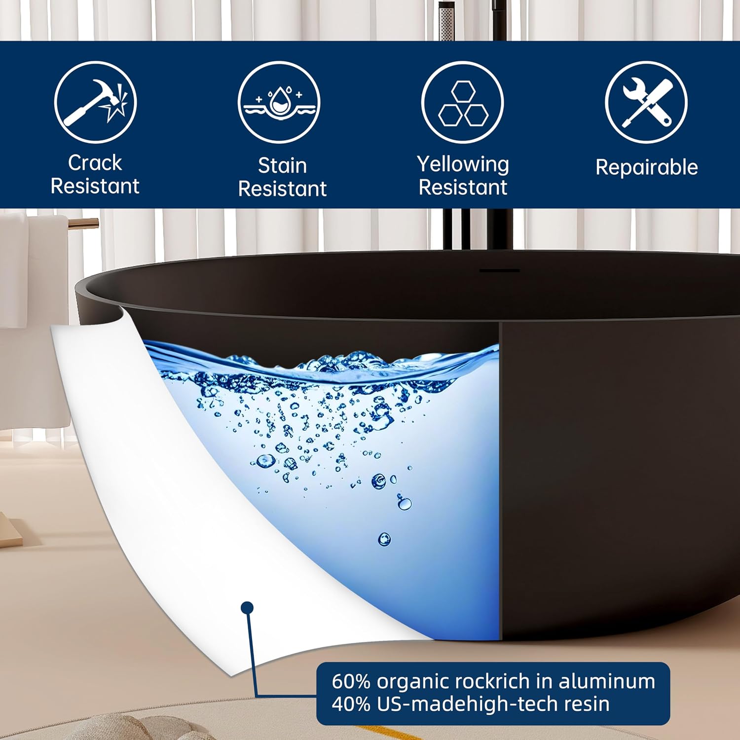 55'' Resin Stone Freestanding Bathtub, Matte Black Soaking Tub Solid Surface Modern Tubs with Overflow and Pop-up Drain in