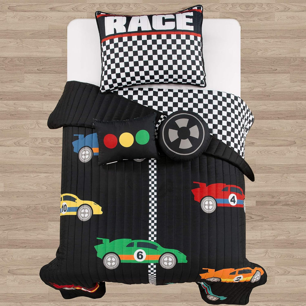 Lush Decor Racing Cars Reversible Quilt Twin Size 4 Piece Set Black & Multi - Toddler Bedding Set Twin Quilt - Car Decor