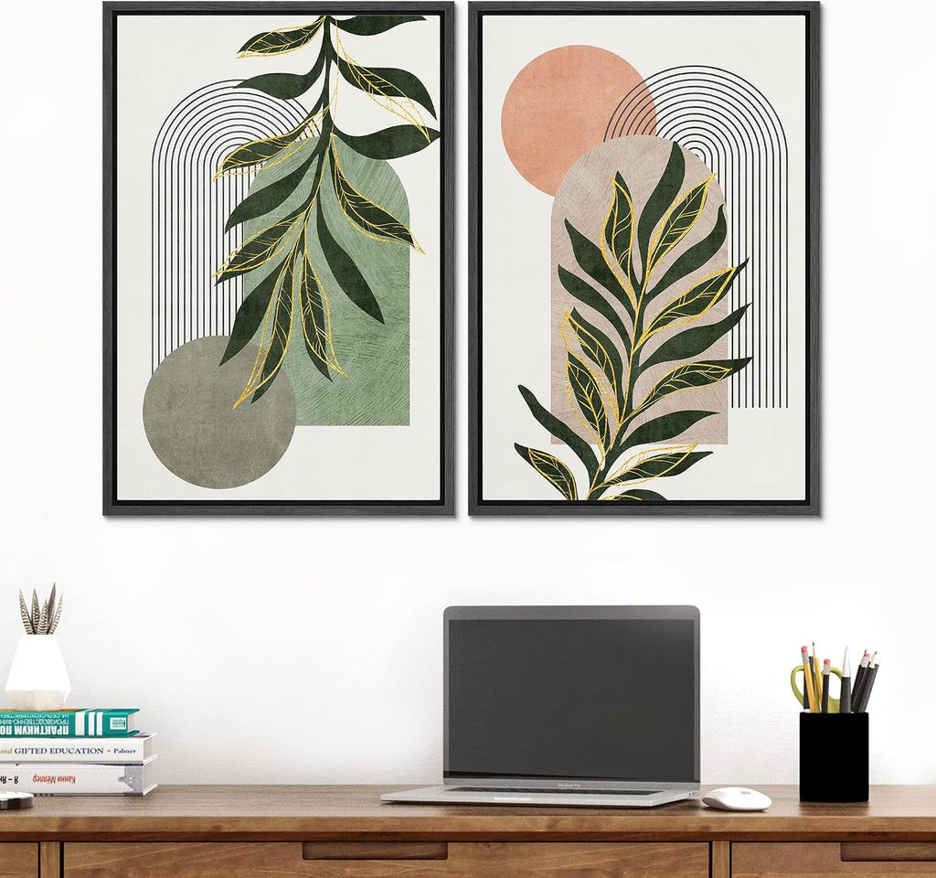 SIGNFORD Framed Canvas Print Wall Art Set Jungle Palm Leaf Geometric Polygons Abstract Shapes Illustration Modern Art Decorative Nordic Nature for Living Room, Bedroom, Office - 24'x36'x2 Black