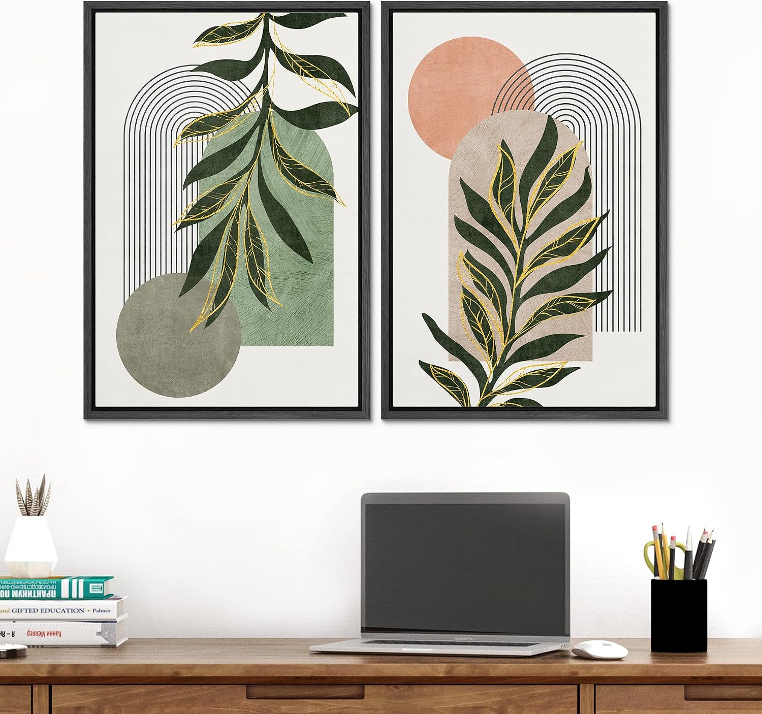 SIGNFORD Framed Canvas Print Wall Art Set Jungle Palm Leaf Geometric Polygons Abstract Shapes Illustration Modern Art Decorative Nordic Nature for Living Room, Bedroom, Office - 24'x36'x2 Black