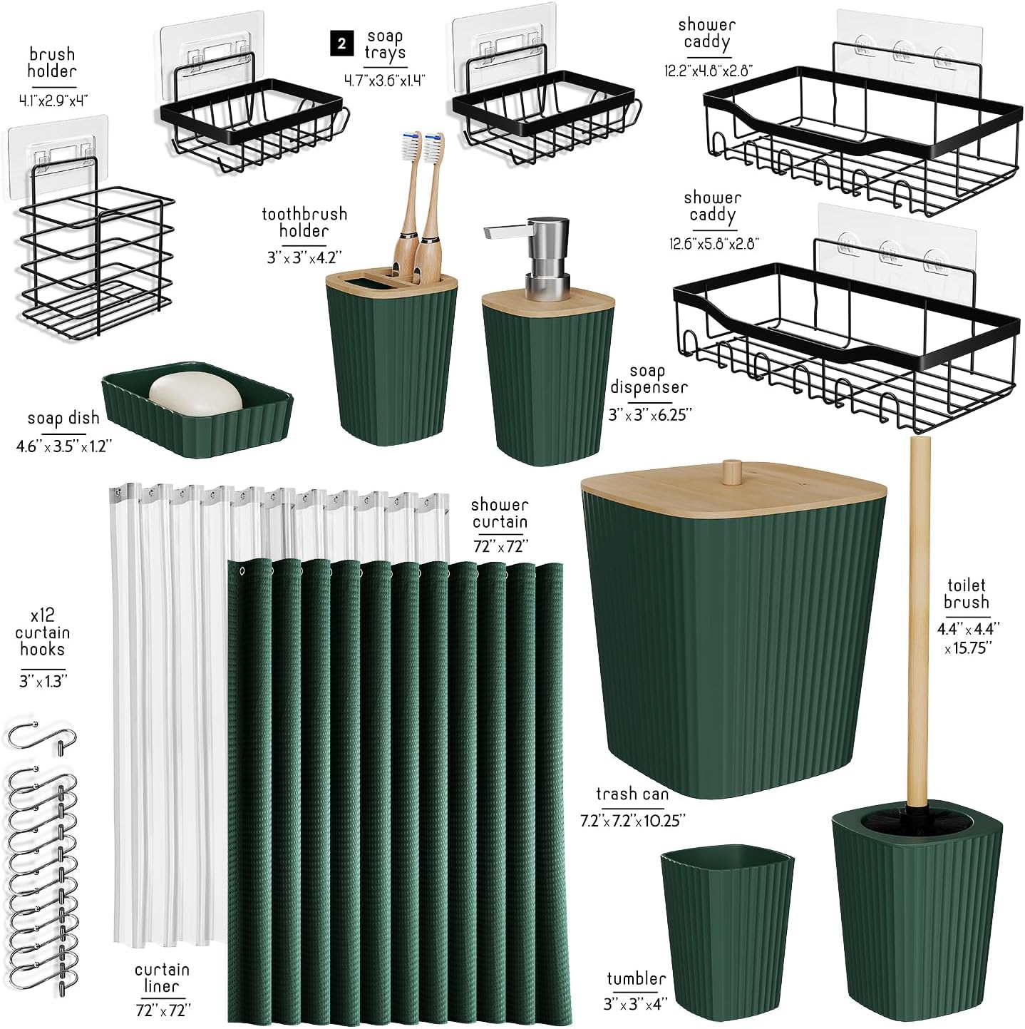 Hearth & Harbor Bathroom Accessories Set - Bathroom Set, 20PC Bathroom Accessory Set, Shower Curtain Set, Toilet Brush, Trash Can & Soap Dispenser (Hunter Green, Shower Caddy + Bathroom Set)