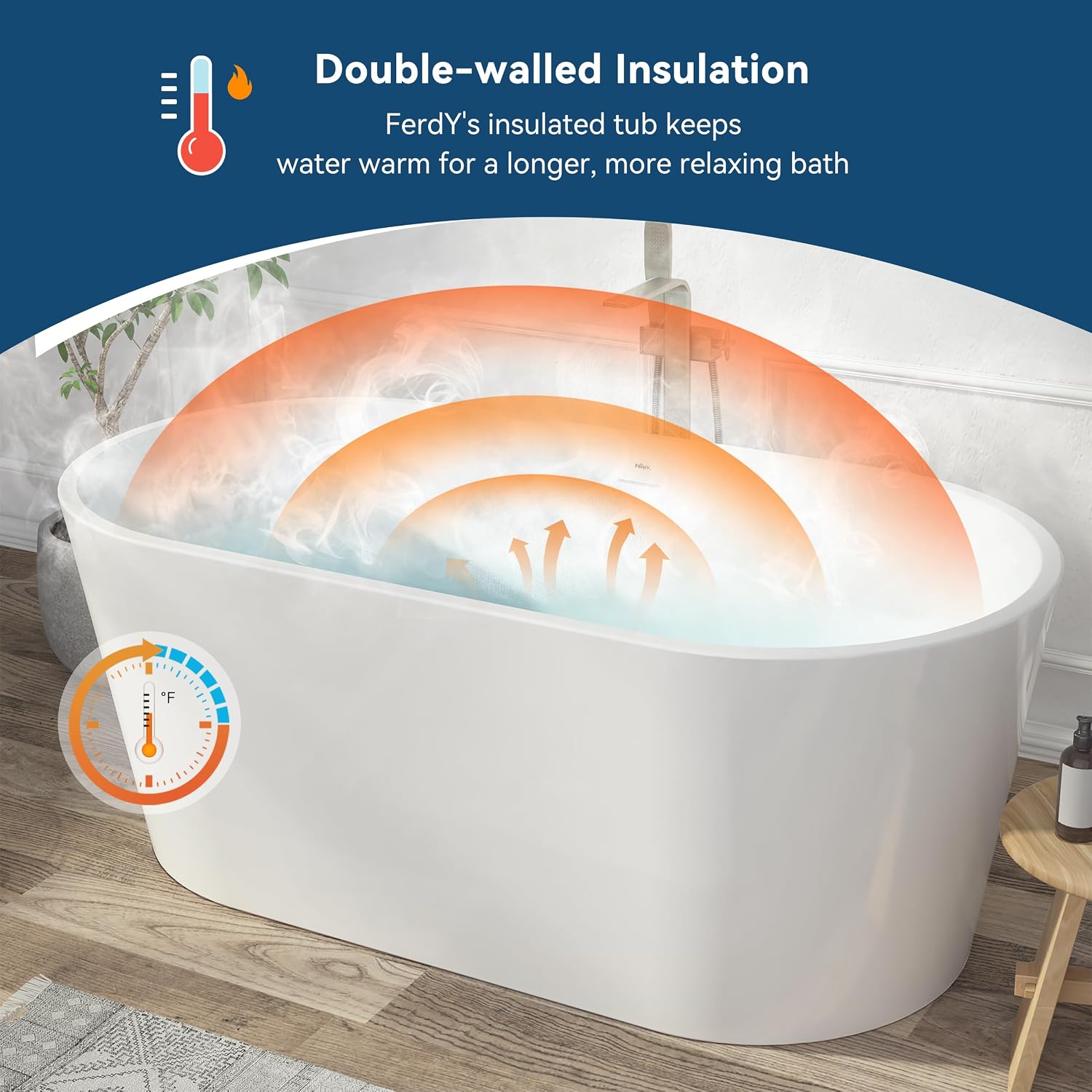FerdY Shangri-La 59' Acrylic Freestanding Bathtub, Gracefully Shaped Soaking Bathtub, Glossy White, cUPC Certified, Brushed Nickel Drain & Minimalist Linear Design Overflow Included, 02522