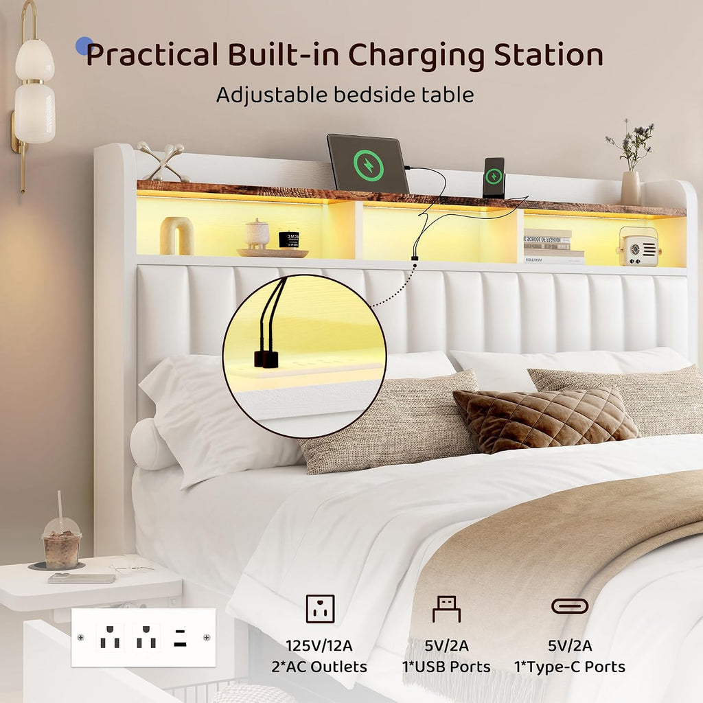 BRELTAM King Bed Frame with Headboard,4 Storage Drawers,and Built-in Adjustable Desk,Charging Station,Easy Assembly,No Box Spring Needed,White