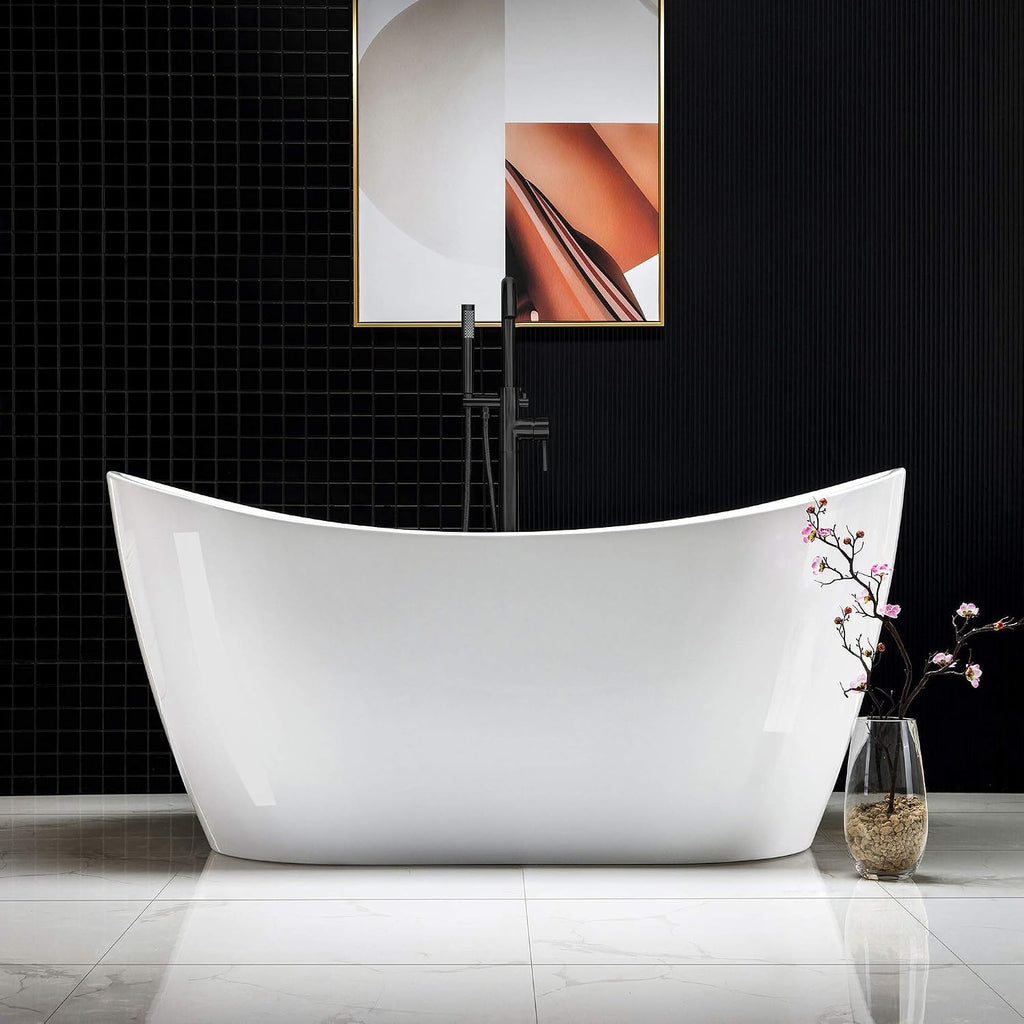 WOODBRIDGE 59' Acrylic Freestanding Bathtub Contemporary Soaking White Tub with Matte Black Overflow and Drain，B0016 -MB-Drain &O