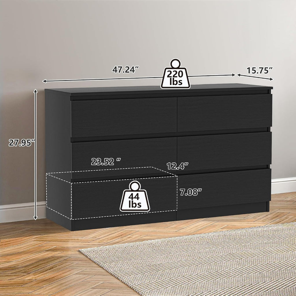 Vibe & Dine 6 Drawer Double Dresser, Modern Chest of Drawers with Wide Storage for Closet, Bedroom, Living Room, Black