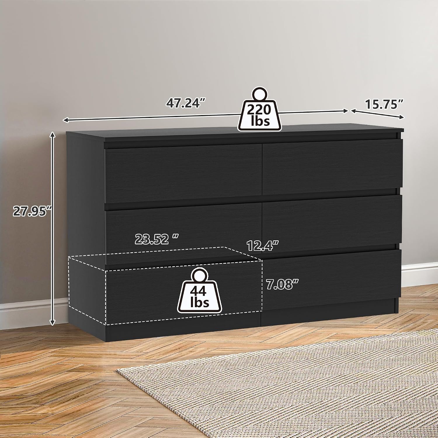 Vibe & Dine 6 Drawer Double Dresser, Modern Chest of Drawers with Wide Storage for Closet, Bedroom, Living Room, Black