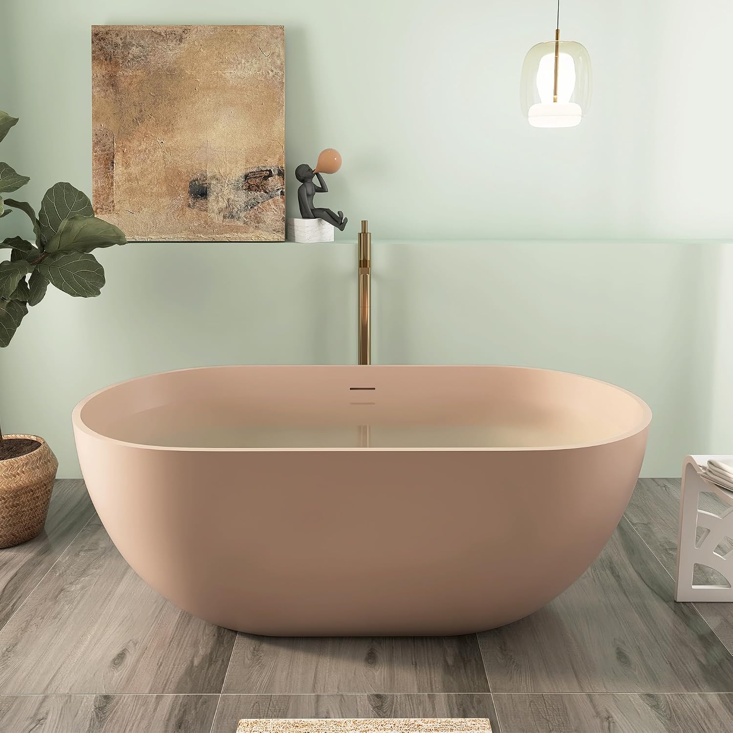 Premium 59' Pink-Sandstone Solid Surface Free Standing Tub, Upgraded Oval Resin Stone Bathtub with Overflow and Pop-up Drain