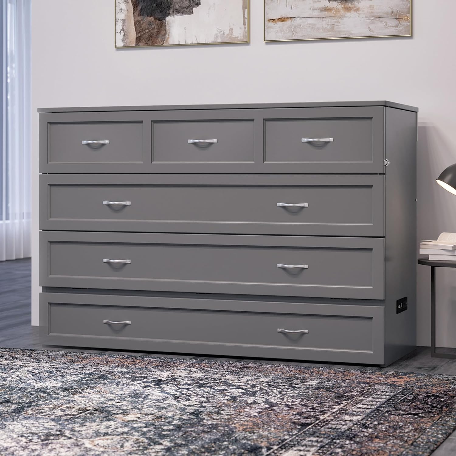 AFI, Northfield Murphy Bed Chest Queen with 6' Mattress, Storage Drawer & Built-in USB Charger, Grey