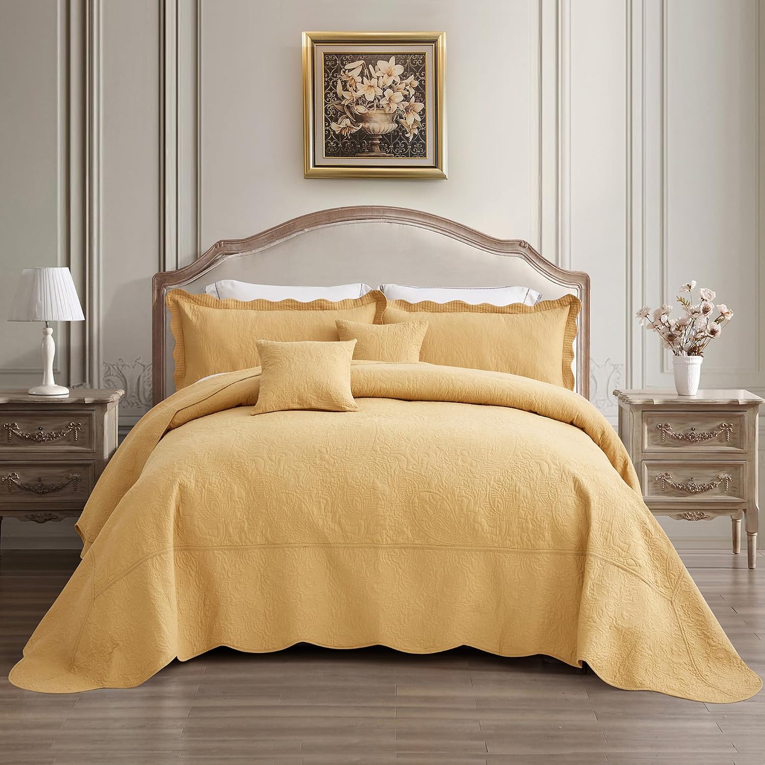 Oversized King Bedspread Cotton 128x120 Extra Wide, Reversible Paisley Pattern Design, Lightweight Bedding Cover, 5 Piece Set, Honey Gold