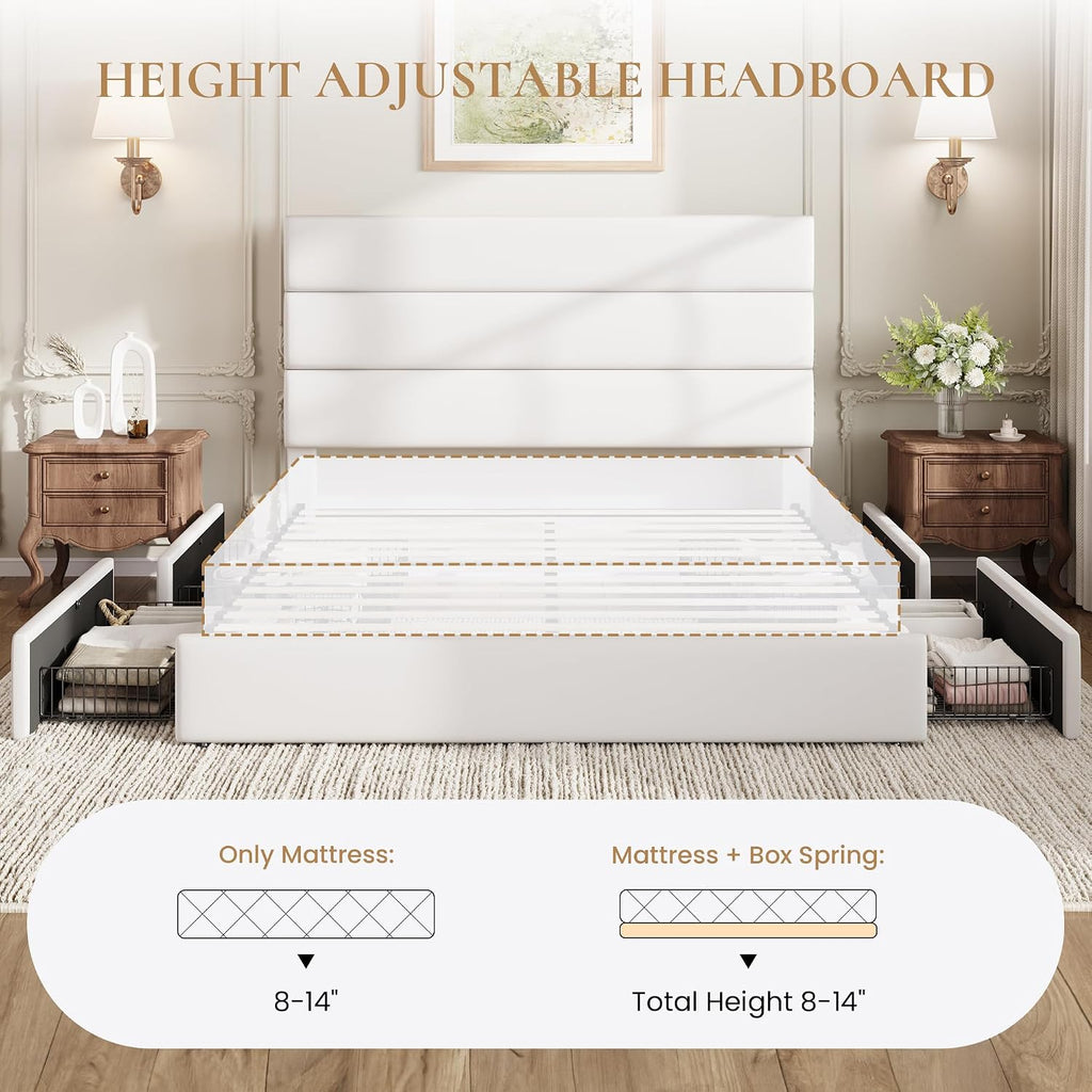 SHA CERLIN Full Size Platform Bed Frame with 4 Storage Drawers, Velvet Upholstered Headboard, Mattress Foundation with Wooden Slats Support, No Box Spring Needed, Easy Assembly, White