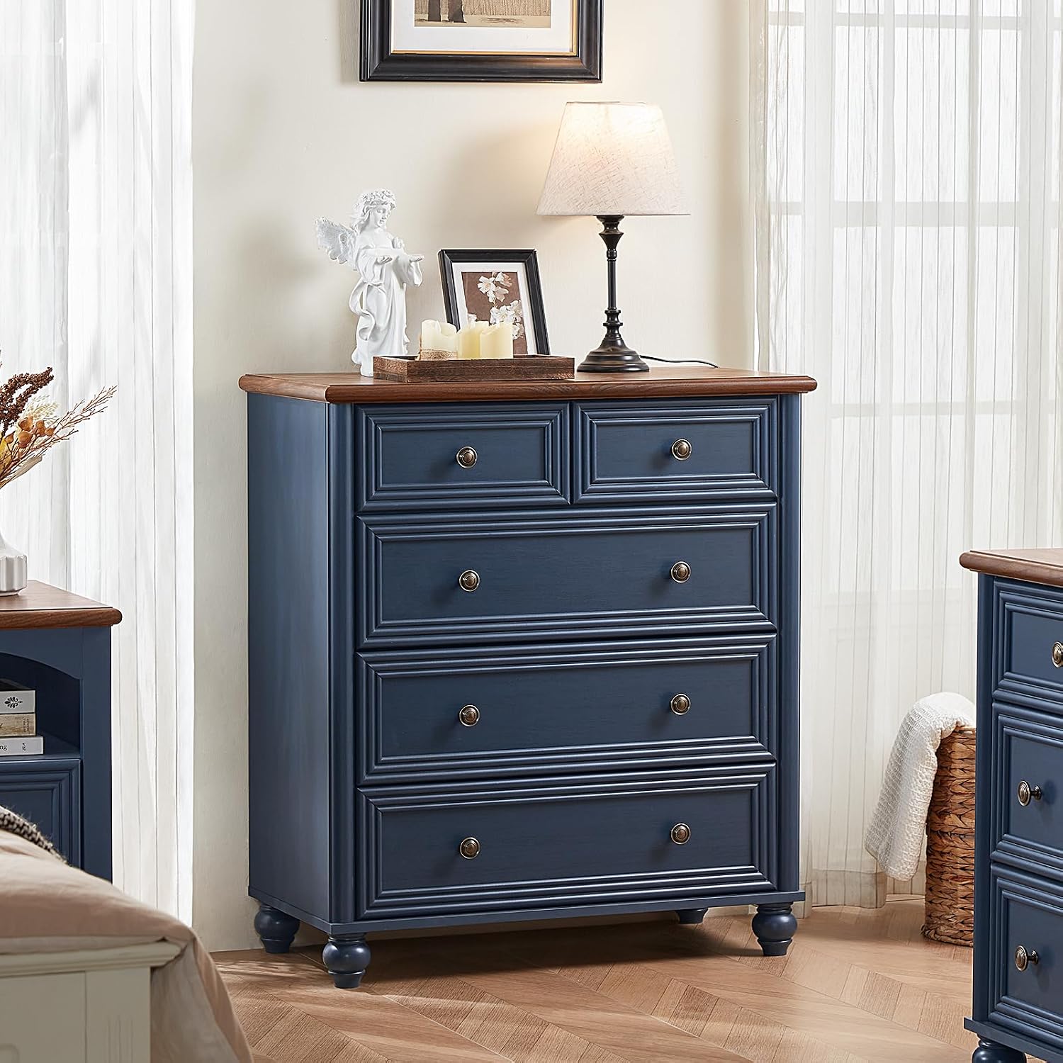 RWYHG Farmhouse 5 Drawer Dresser for Bedroom Set of 2, 35.5' Tall Small Dressers & Chest of Drawers, Rustic Wood Dresser with Roman Column, Storage Organizer for Living Room, Hallway, Closet (Blue)