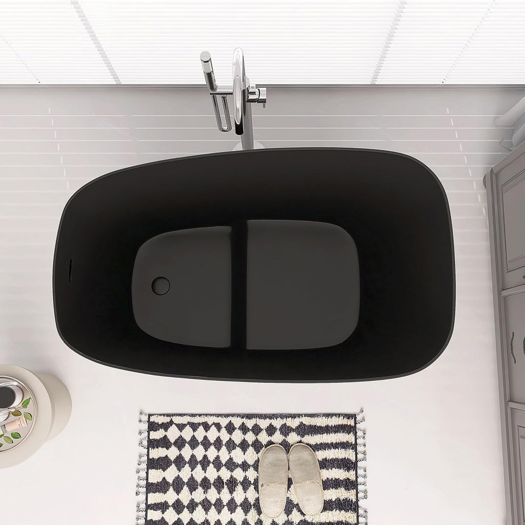 SJ STAR&JANE 51' Solid Surface Japanese Soaking Bathtub Stone Resin Freestanding Tub Deep Soaking Bathtub Sit-In Design with Overflow and Drain in Matte Black