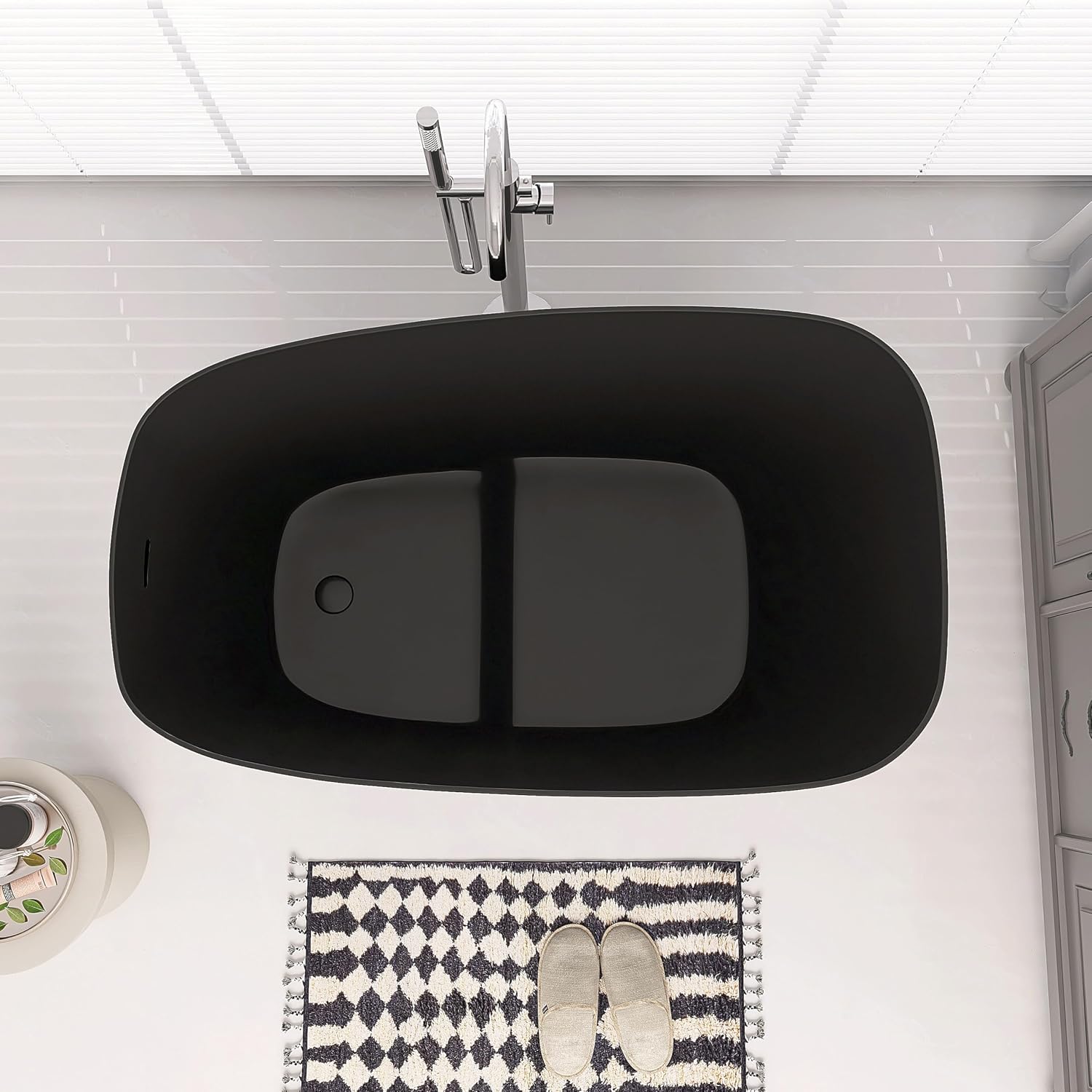 SJ STAR&JANE 51' Solid Surface Japanese Soaking Bathtub Stone Resin Freestanding Tub Deep Soaking Bathtub Sit-In Design with Overflow and Drain in Matte Black