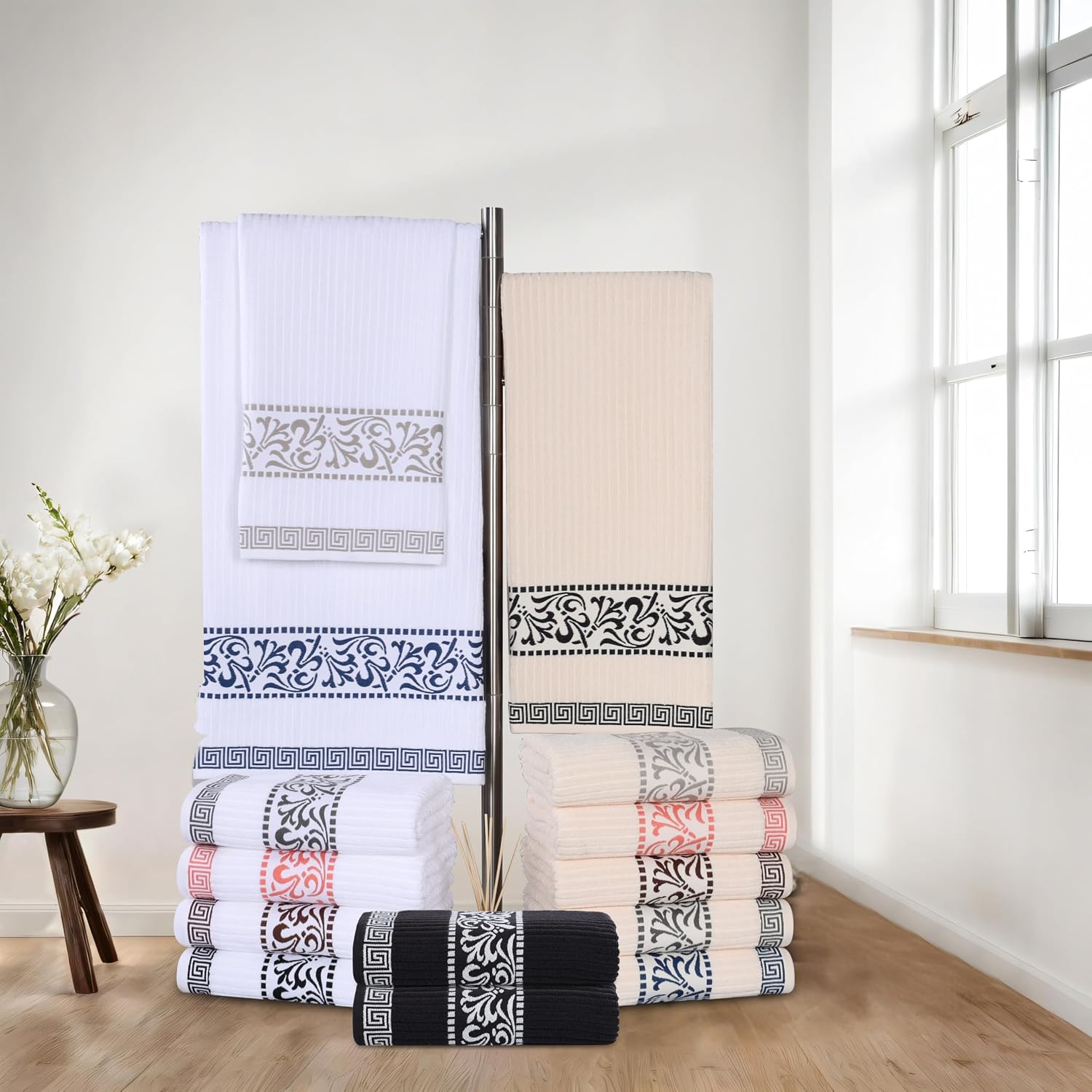 Superior Bath Towel Set, Greek/Floral Decor for Bathroom, Guest Bath, Spa, Resort, Home Essentials, Absorbent Cotton, Adults and Kids, Fast Drying Towels, Athens Collection, Grey (Pack of 16)