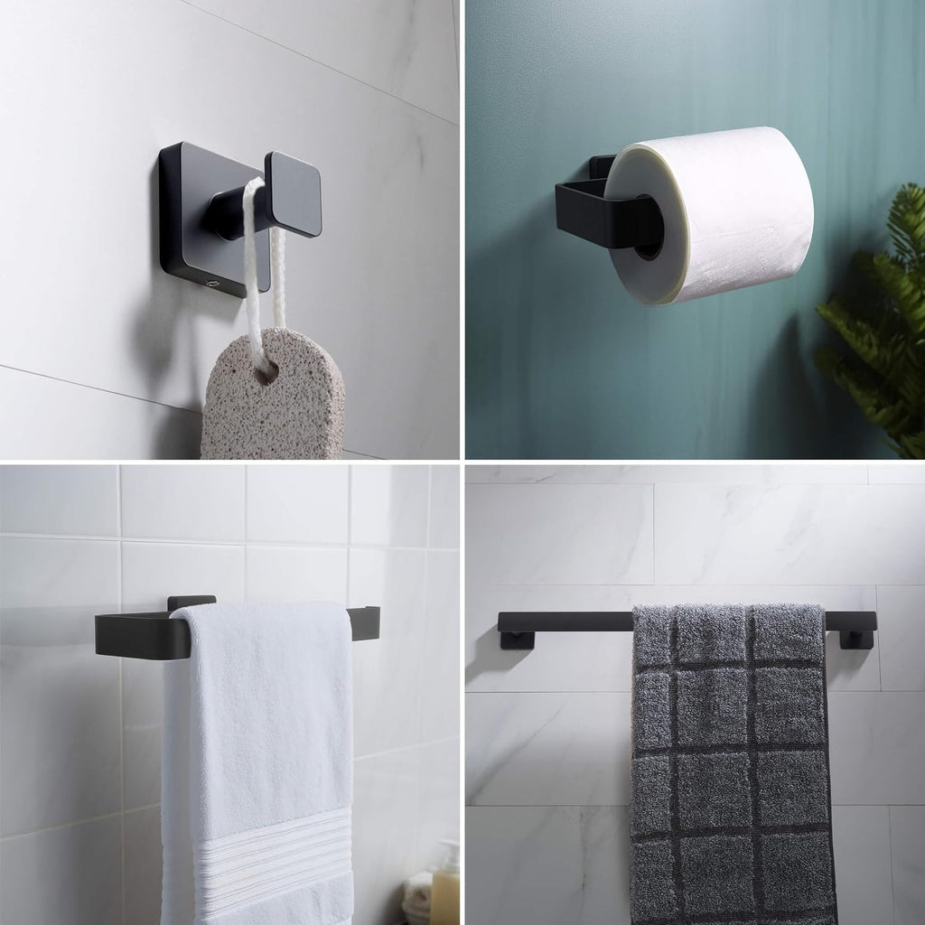 Kibi Blaze 5-Piece Bathroom Hardware Set – Includes 19 -Inch Hand Towel Bar and Holder, Toilet Paper Holder, Robe Hook – Wall Mounted, Solid Brass, Modern Bath Accessories (Matte Black, KBA16-5-1)