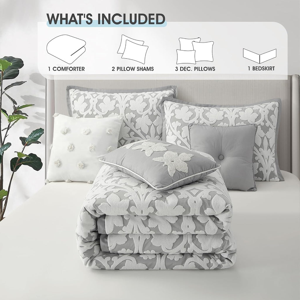 LANCO MODERN LIFESTYLE 7 Pieces Comforter Set, Queen, White Grey, Jacquard Floral Pattern and Classy Damask Medallion Design, Ultra Soft, Includes Bed Skirt, Shams, and Decorative Pillows