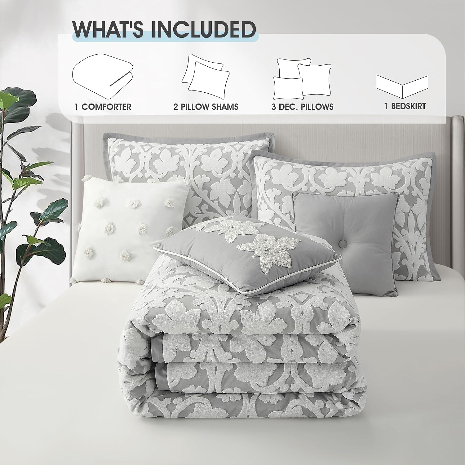 LANCO MODERN LIFESTYLE 7 Pieces Comforter Set, Queen, White Grey, Jacquard Floral Pattern and Classy Damask Medallion Design, Ultra Soft, Includes Bed Skirt, Shams, and Decorative Pillows
