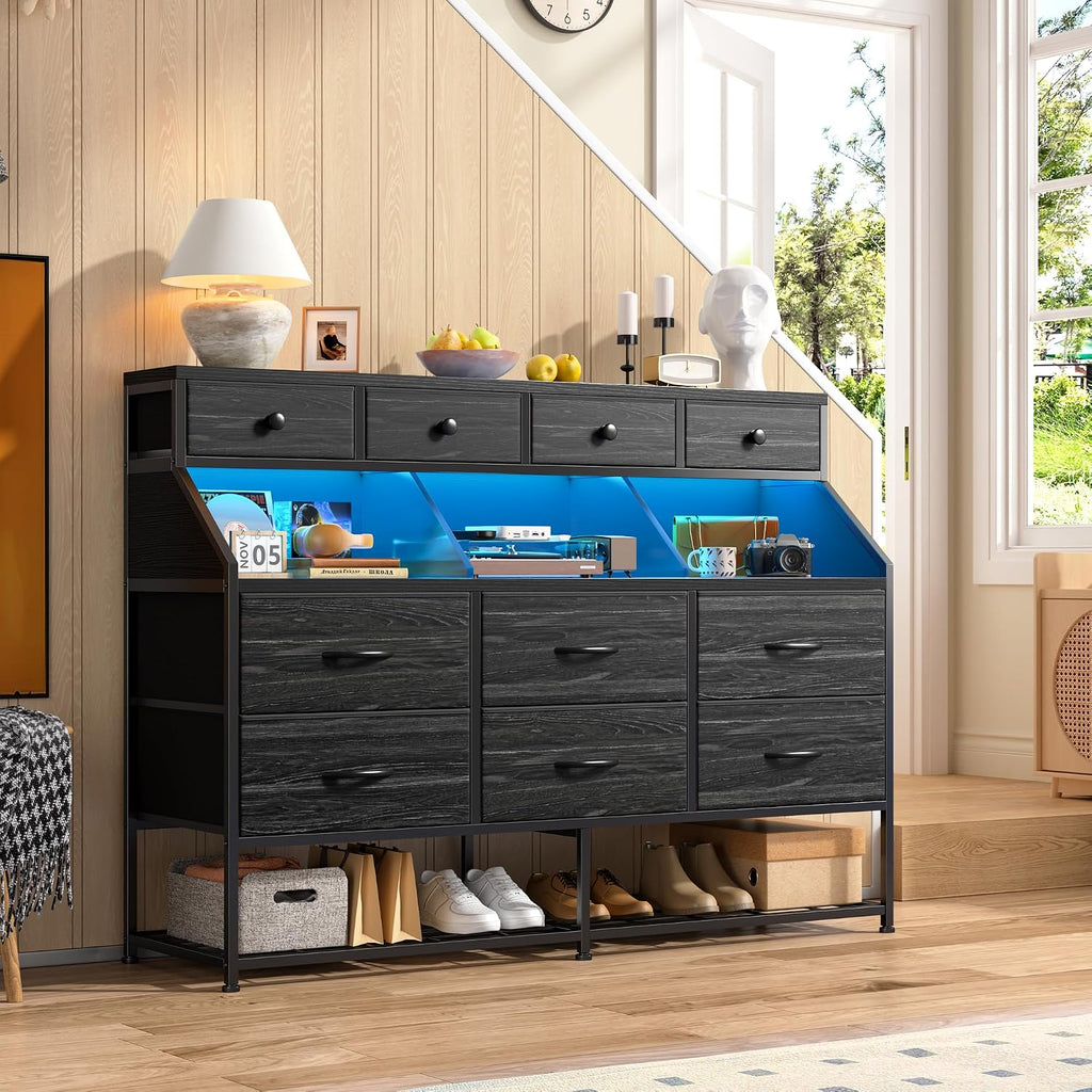 EnHomee Dresser for Bedroom with 10 Drawers & Shoe Rack Fabric Dressers & Chests of Drawers with LED Lights and Power Outlets Bedroom Dresser for Entryway, Hallway(Charcoal Black)