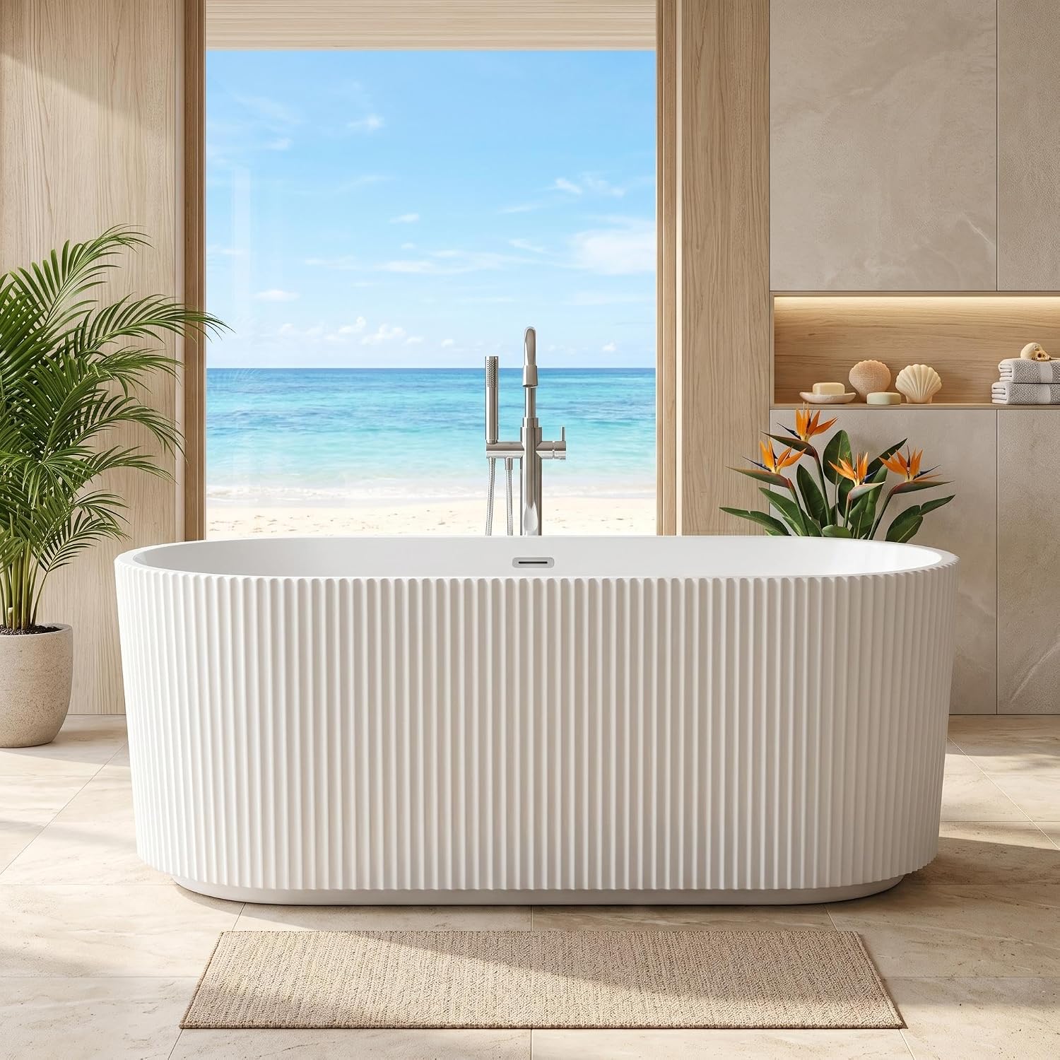 59' Acrylic Freestanding Soaking Bathtub, Deep Ergonomic Design with Lumbar Support, Integrated Overflow Drain, Non-Slip Base,cUPC Certified Modern Bathroom Tub, Easy Installation for Bathroom