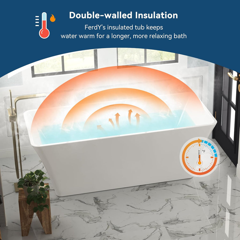 FerdY Sentosa 67' Acrylic Freestanding Bathtub, Contemporary Design Soaking Tub with Matte Black Drain and Matte Black Overflow, Easy to Install