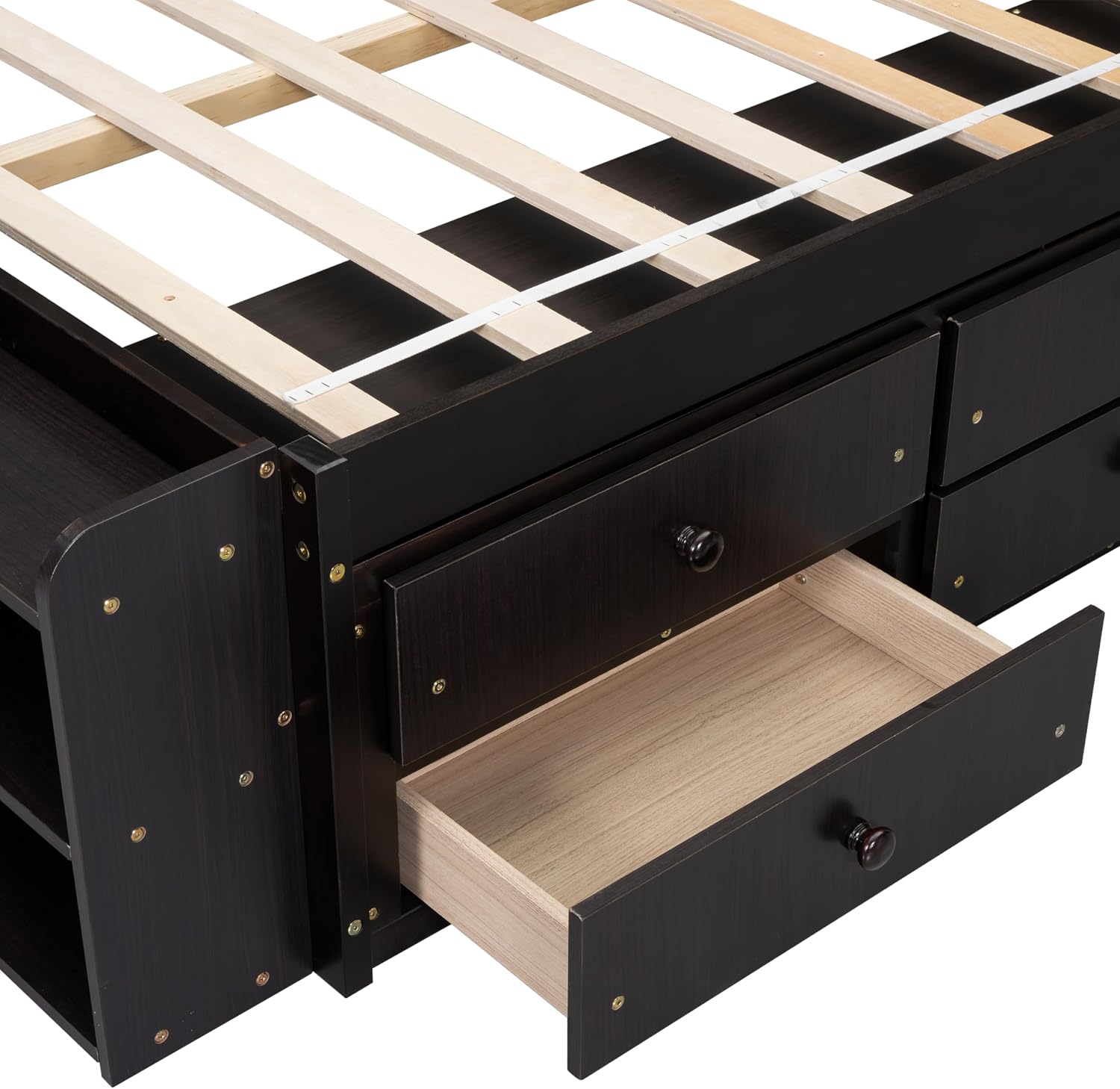 Modern Full Size Platform Bed with Bookcase Storage Headboard, Wood Captain Platform Bed Frame with 6 Drawers and Bed End Storage Case, Sturdy Slat Support, Maximize Space (Espresso-I4)