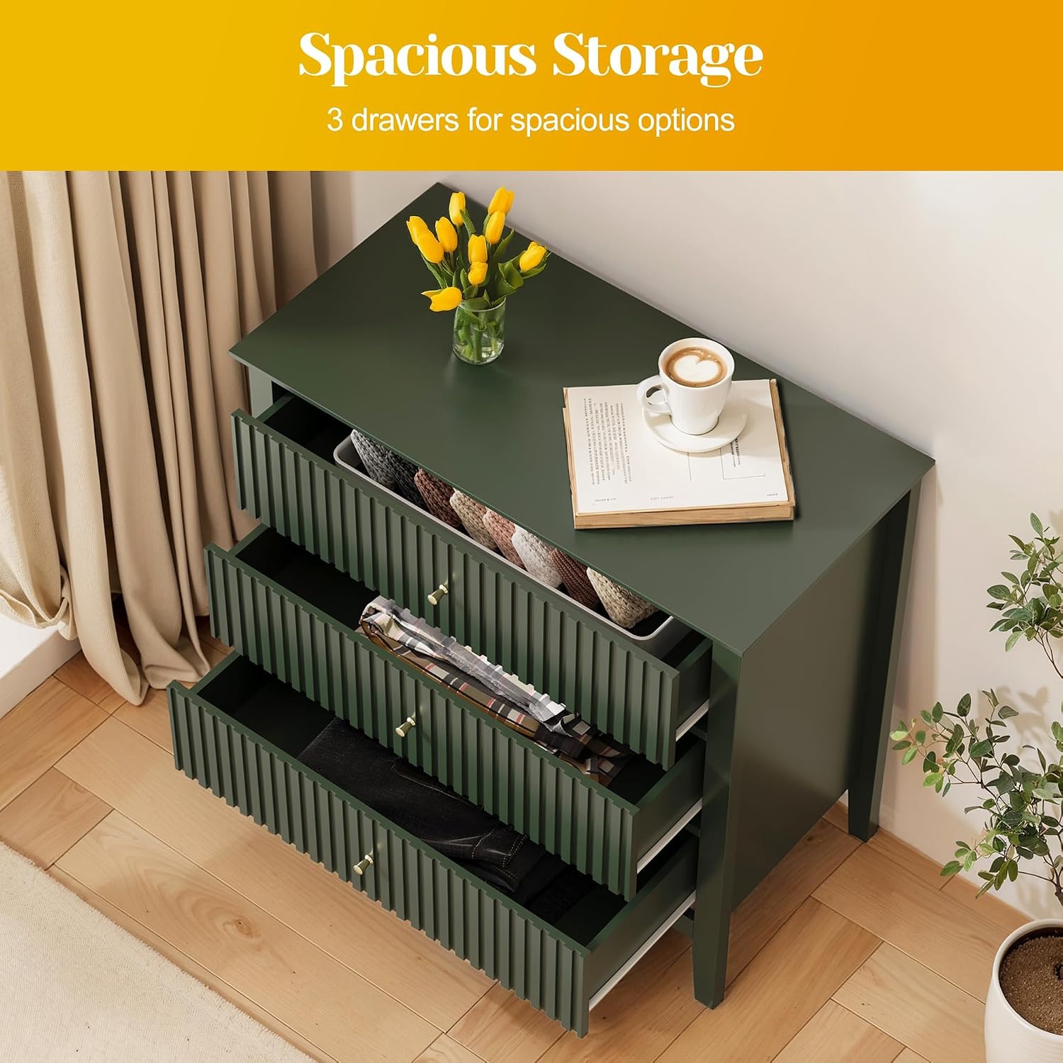 May in Color Large Green 3 Drawer Dresser, Painted 30 Inch Tall Wood Nightstand with Storage, Wide Modern Chest of Drawers with Ball Bearing Slide for Bedroom Hallway Living Room Entryway Office