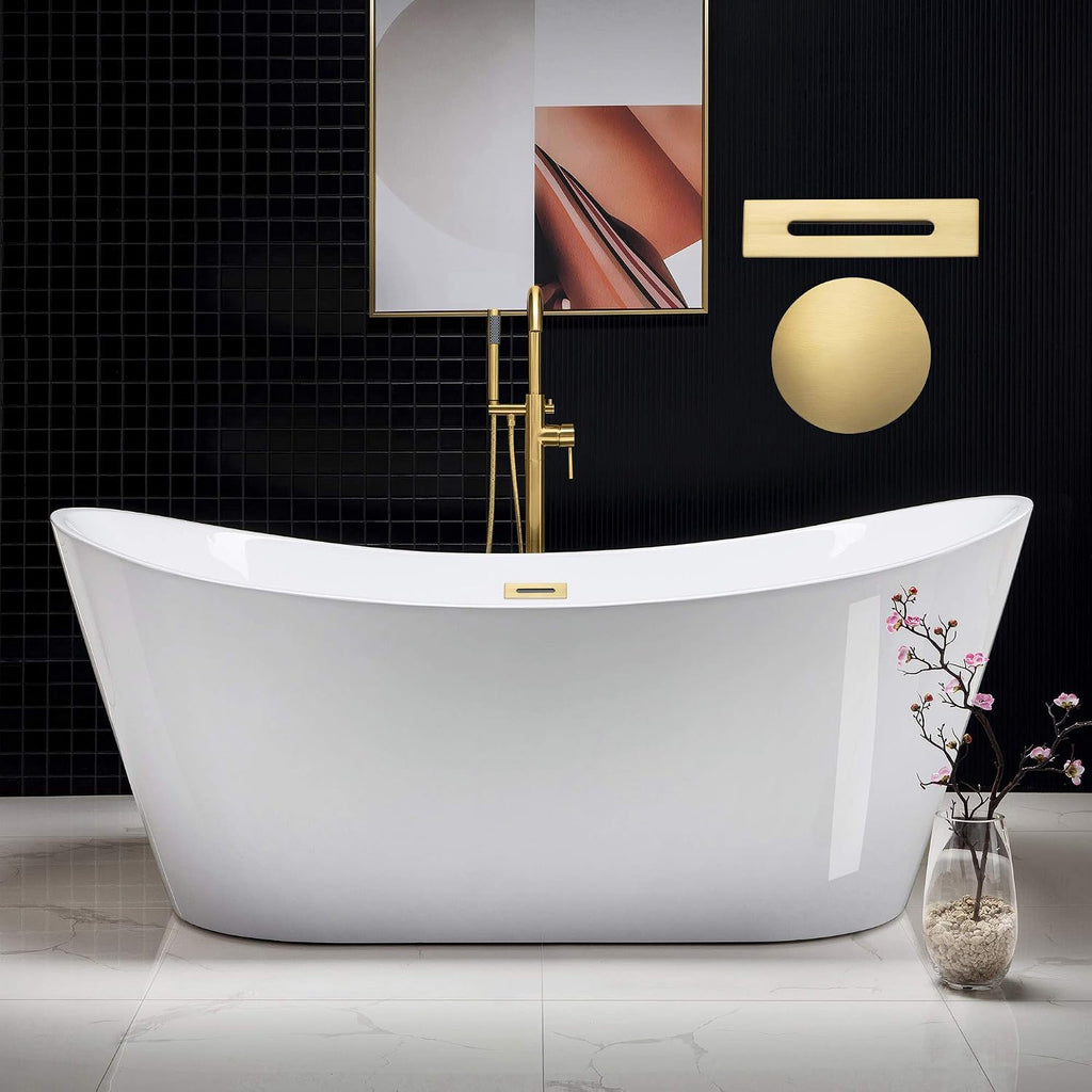 WOODBRIDGE 71'Freestanding White Acylic Soaking Bathtub with Brushed Gold Drain and Overflow,BTA1517 -BG-Drain &O