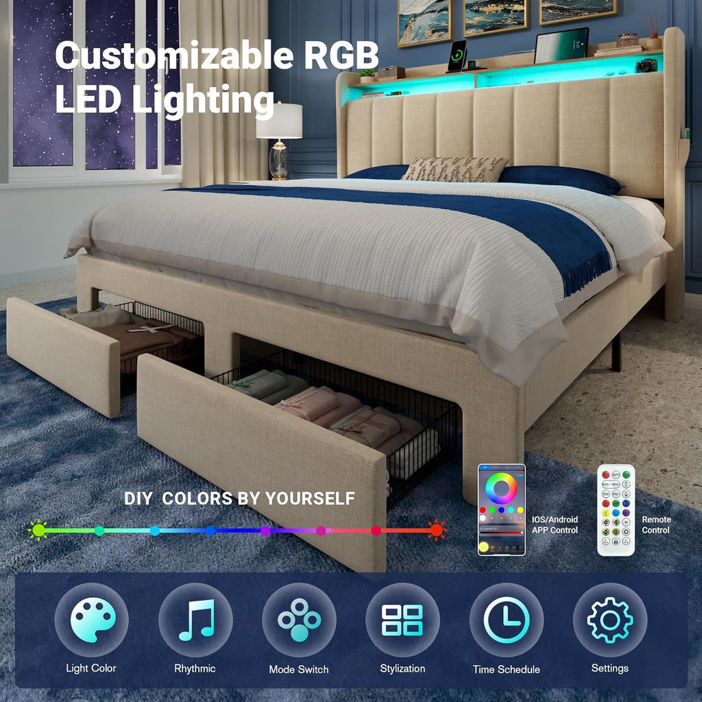 Allewie Vertical Tufted Queen Upholstered Platform Bed Frame with 2-Tier LED Storage Headboard & 2 Storage Drawers, USB & Type-C Charging Ports, Noise-Free/No Box Spring Needed, Beige