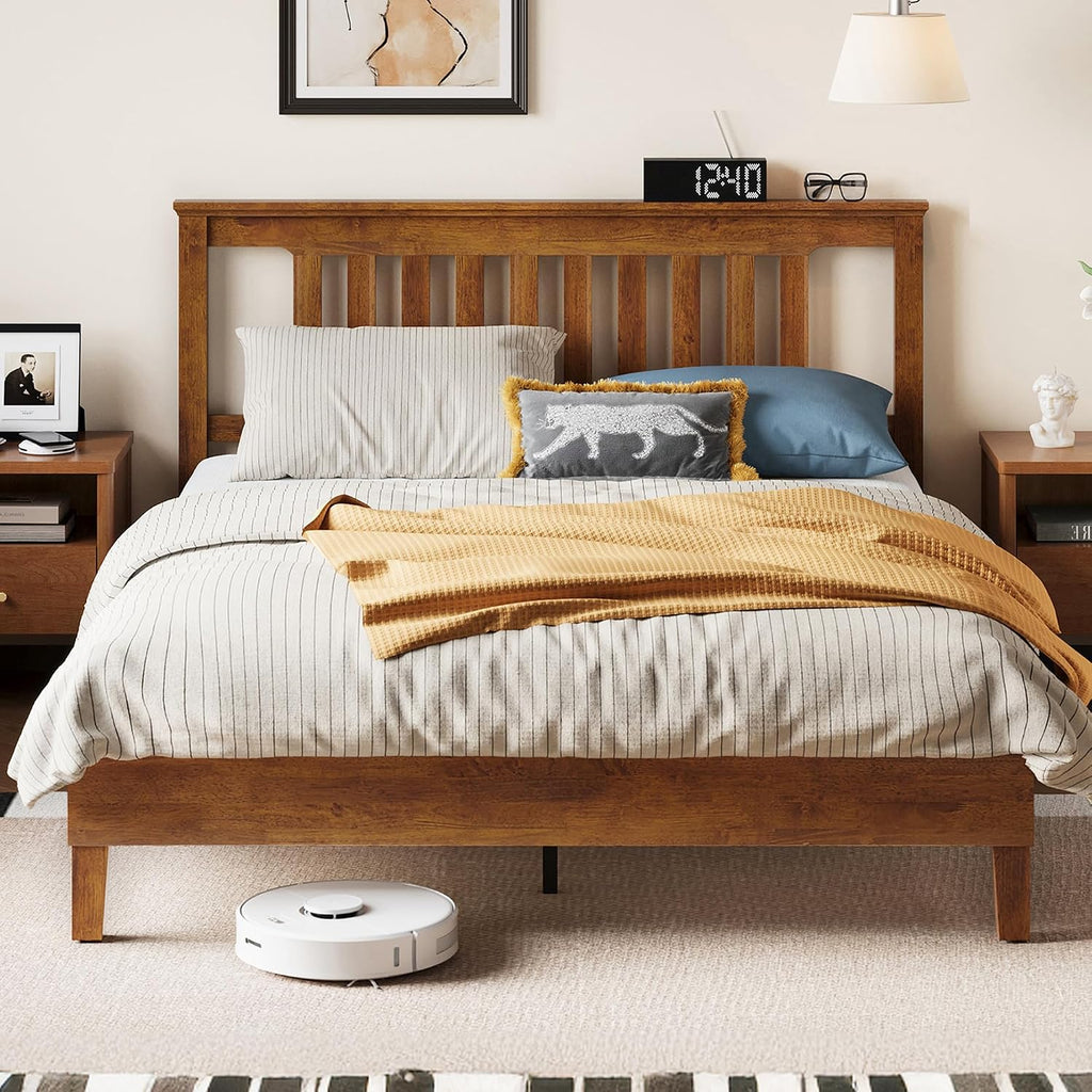 LINSY Wood Bed Frame, Full Bed Frame Solid Wood Platform Frames with Headboard and Slat Bases, Wooden Bedframe No Box Spring Needed, Easy Assembly, Walnut